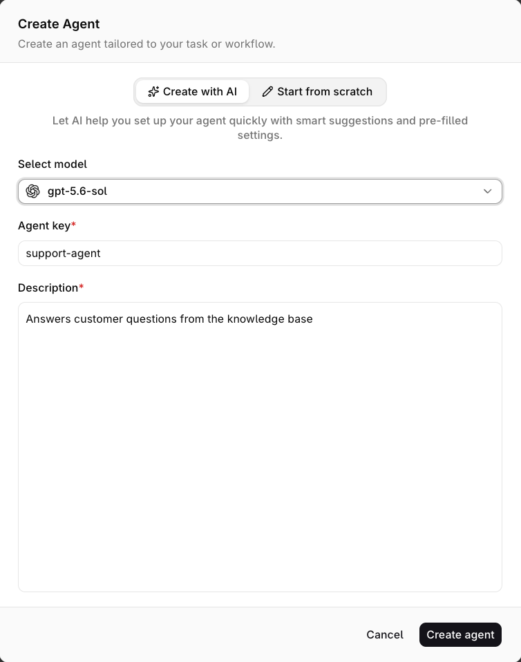 Create Agent dialog with the Create with AI and Start from scratch tabs, and fields for Select model, Agent key, and Description.