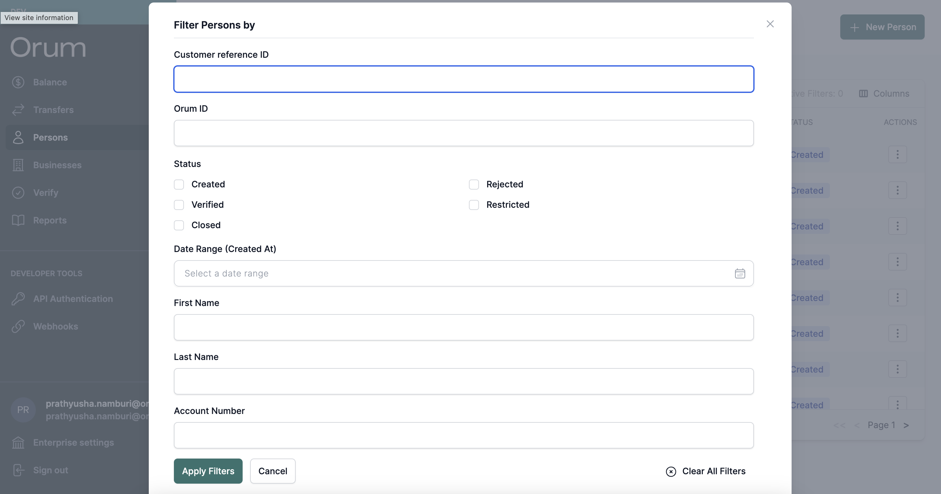 Pop-up with filter parameters