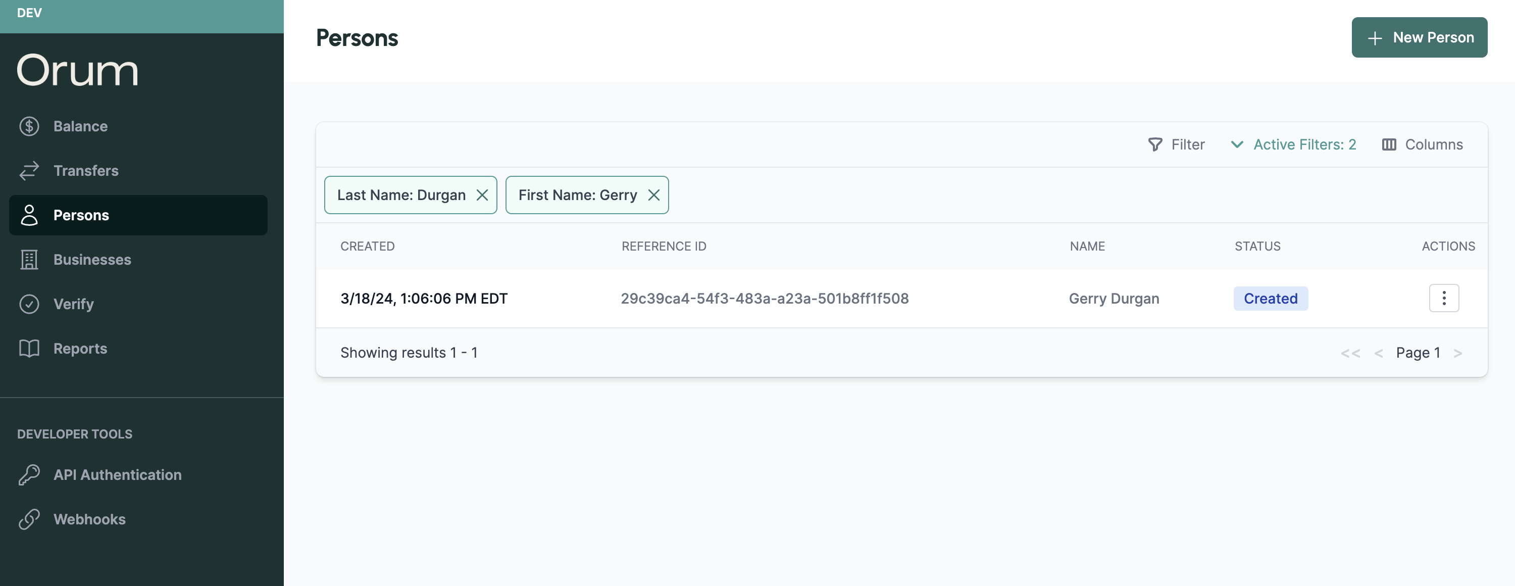 Filtered table screenshot