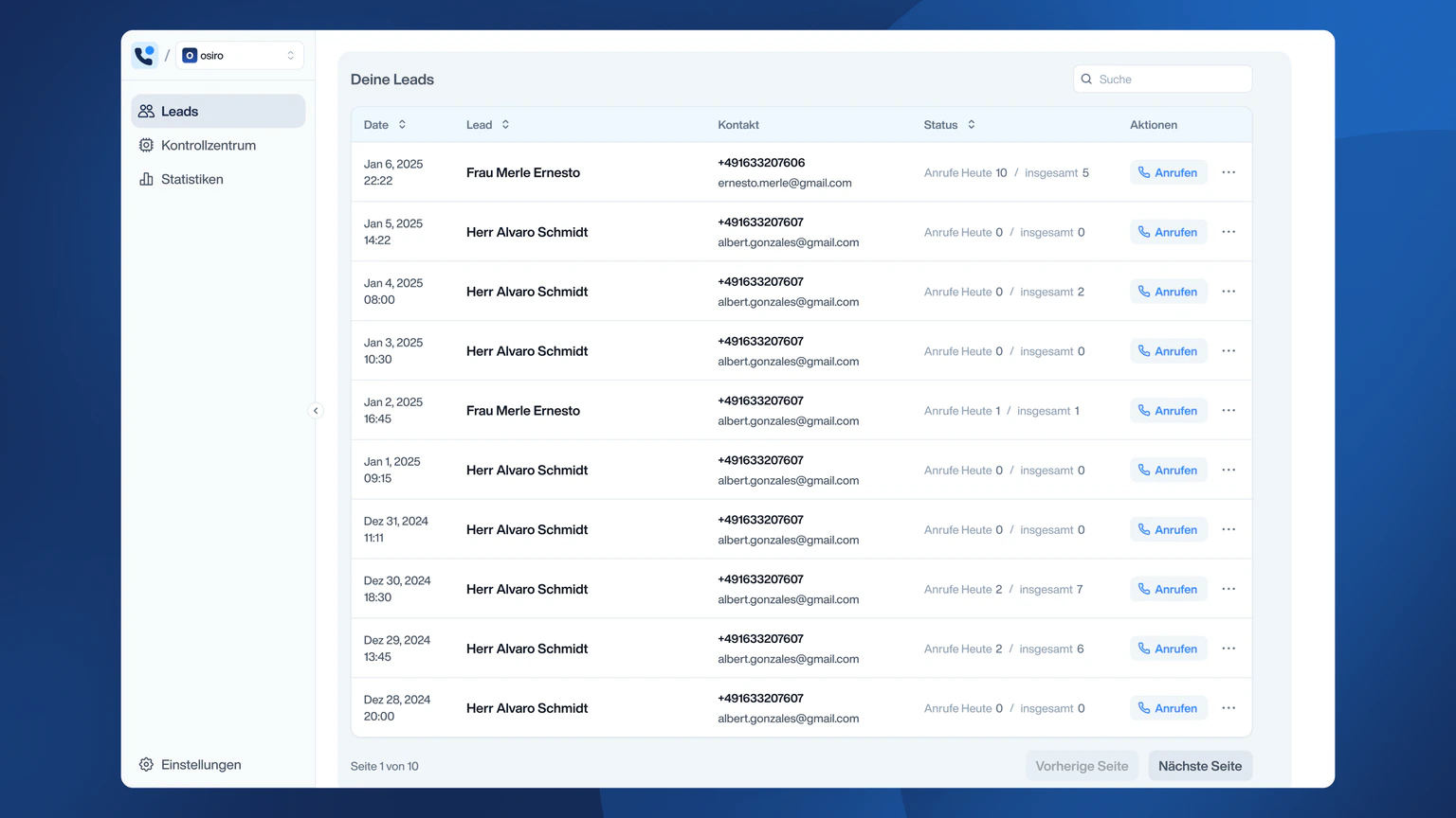 Screenshot von der Lead übersicht in Hunter