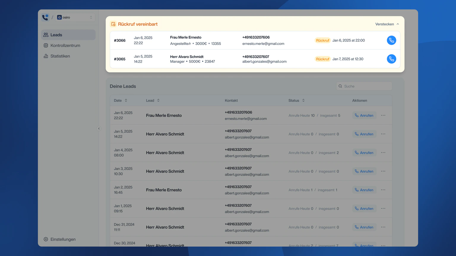 Screenshot von der Lead übersicht in Hunter