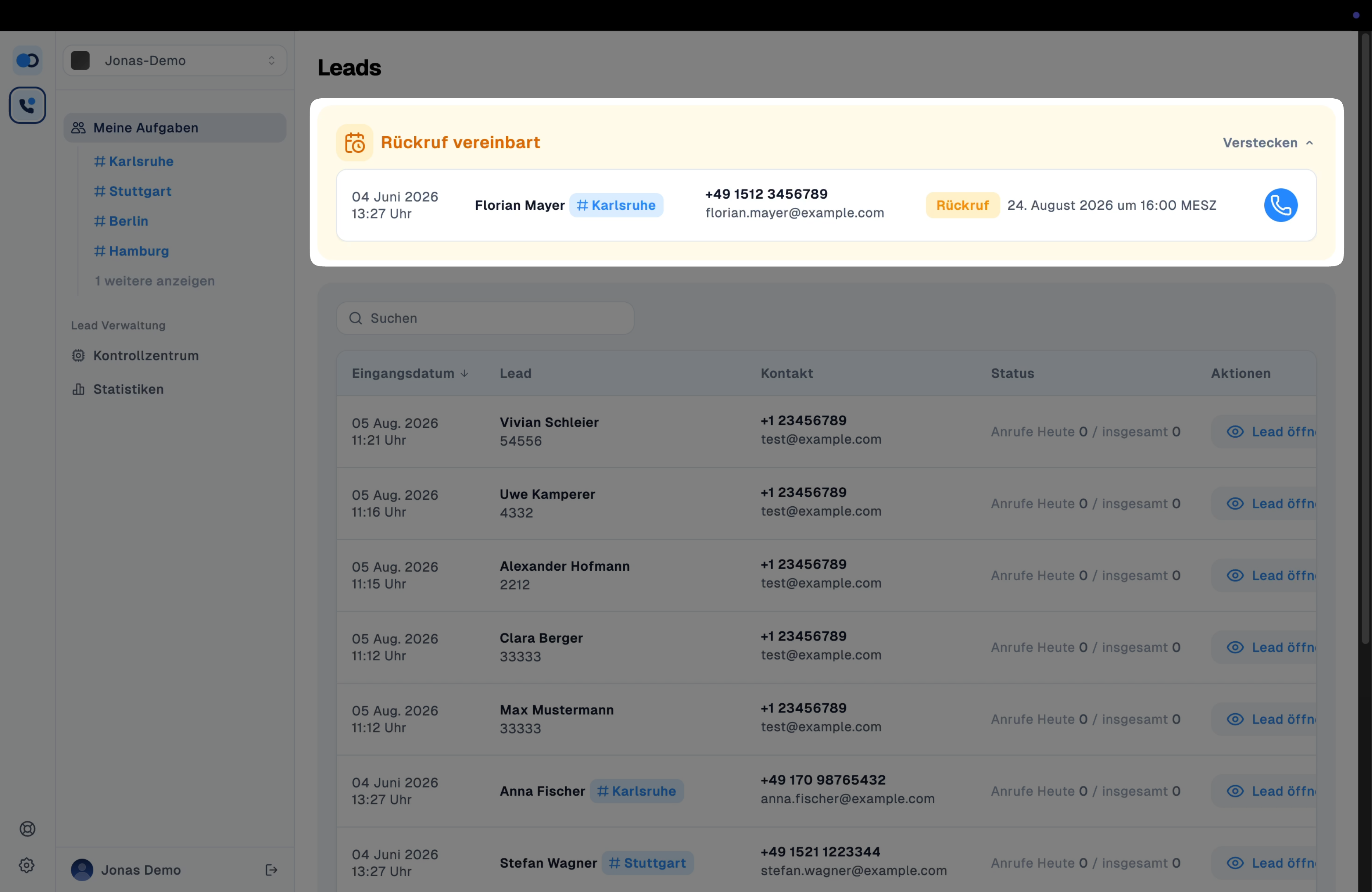 Screenshot von der Lead übersicht in Hunter