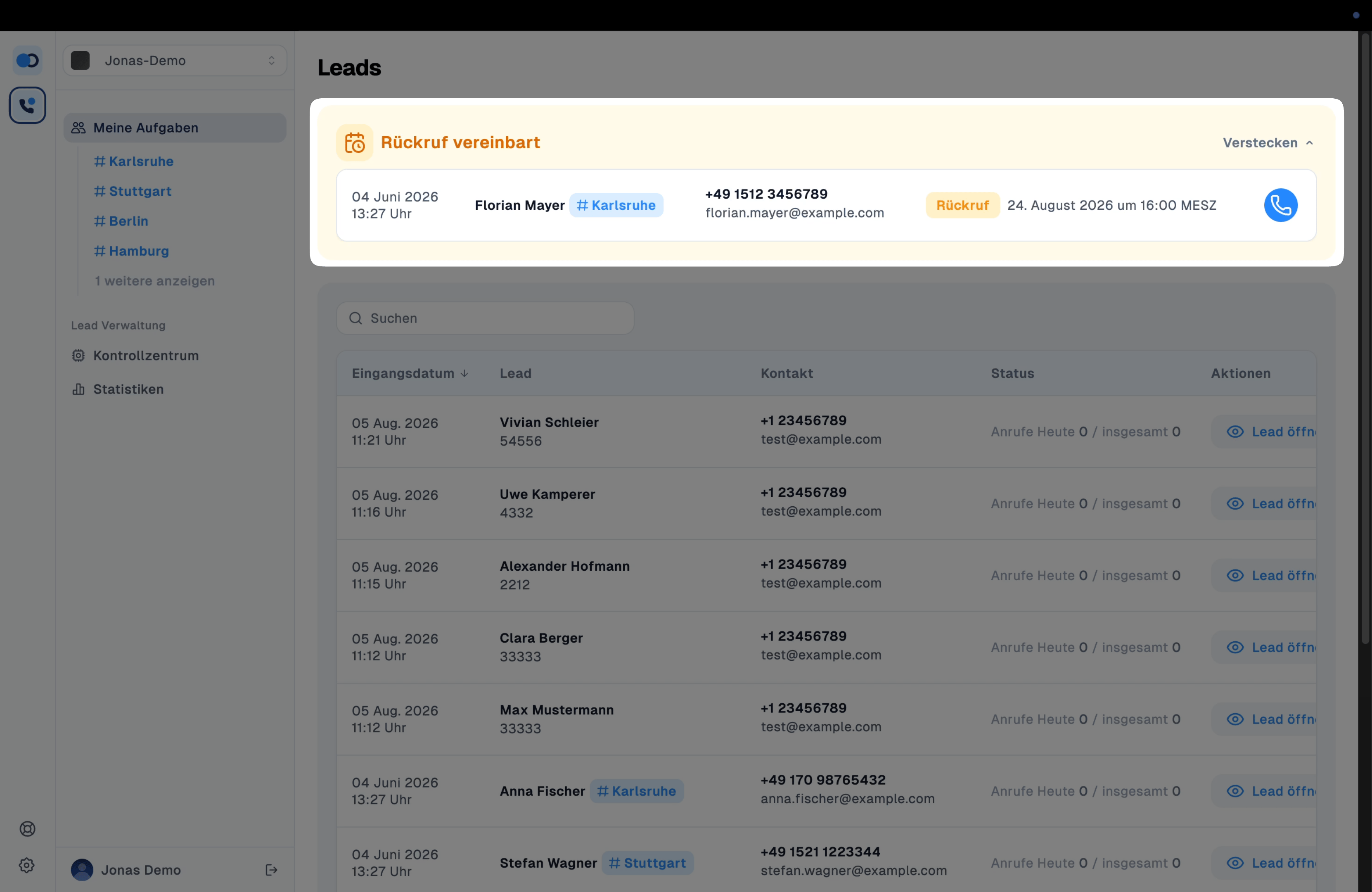 Screenshot von der Lead übersicht in Hunter