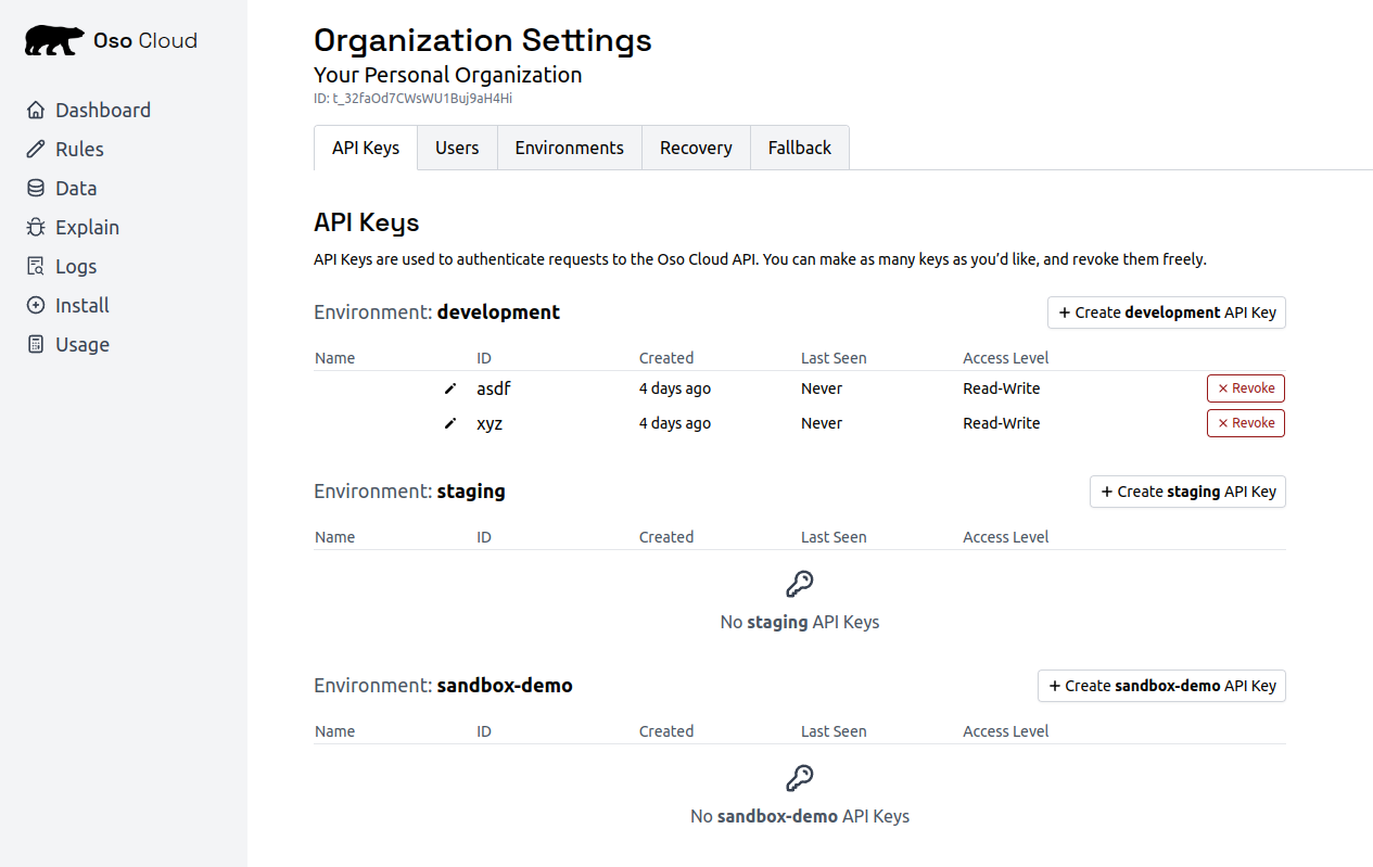 Screenshot of the interface for API keys