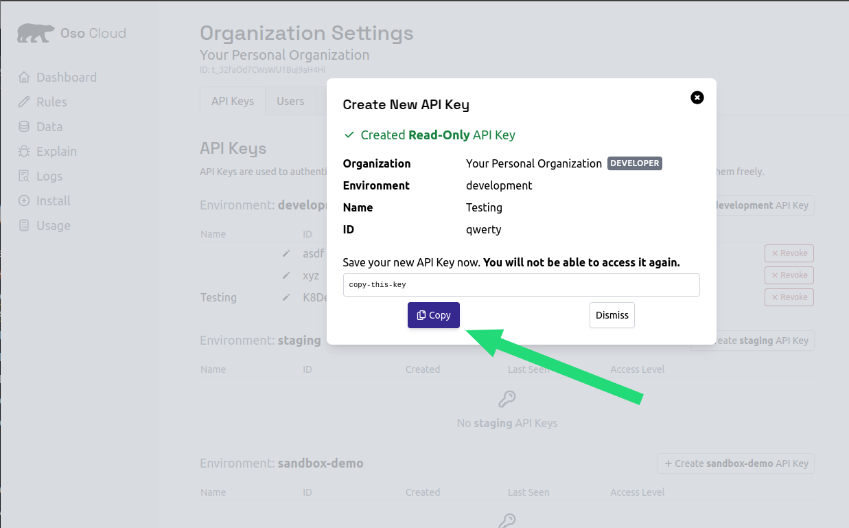 Screenshot pointing to the button to copy an API key.