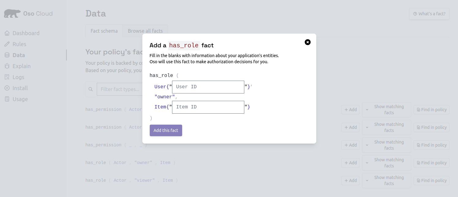 Screenshot of the interface to add a fact