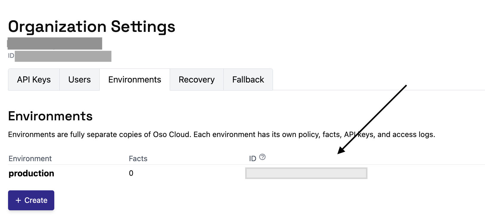 The Environments page showing the Environment ID