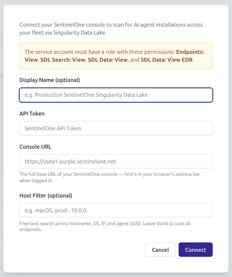 SentinelOne connect dialog