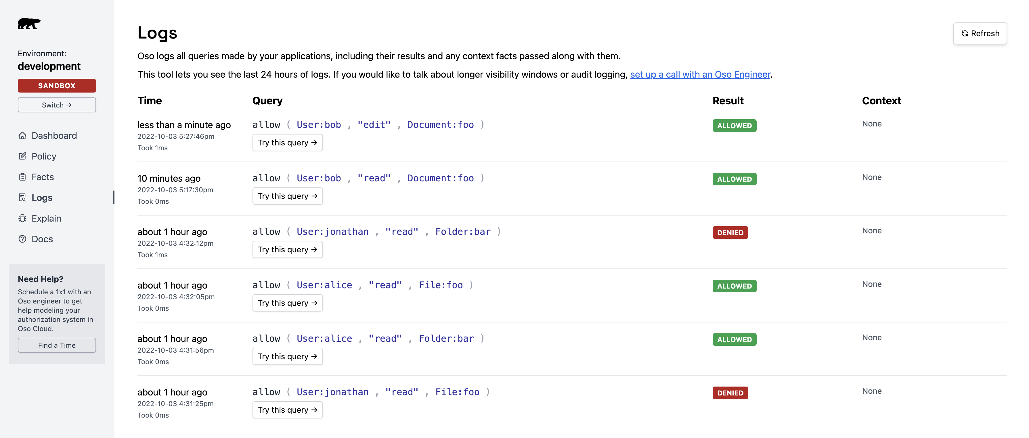 Oso Cloud Logs page showing Bob can edit the document Foo