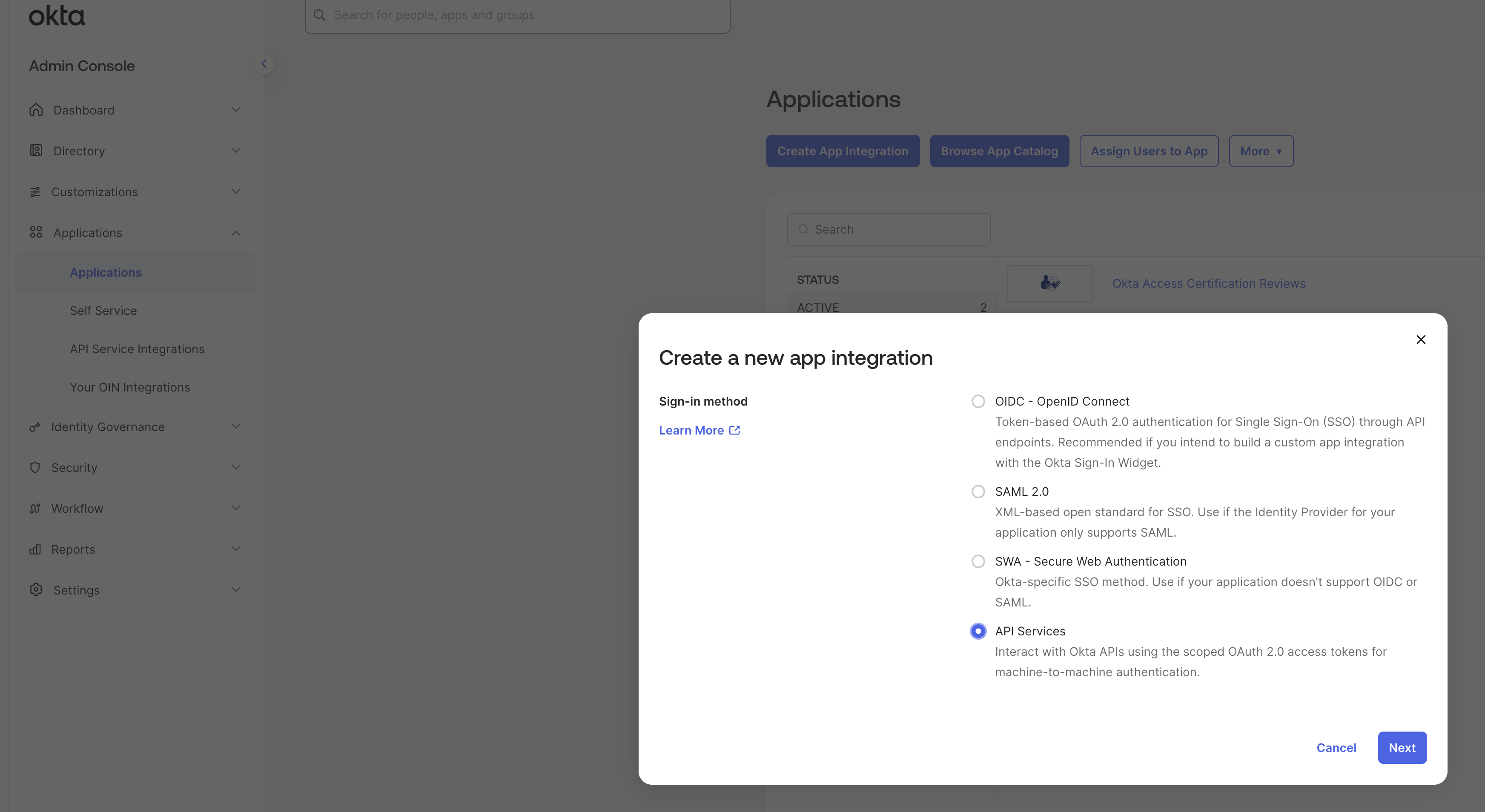Connect Okta New App Integration