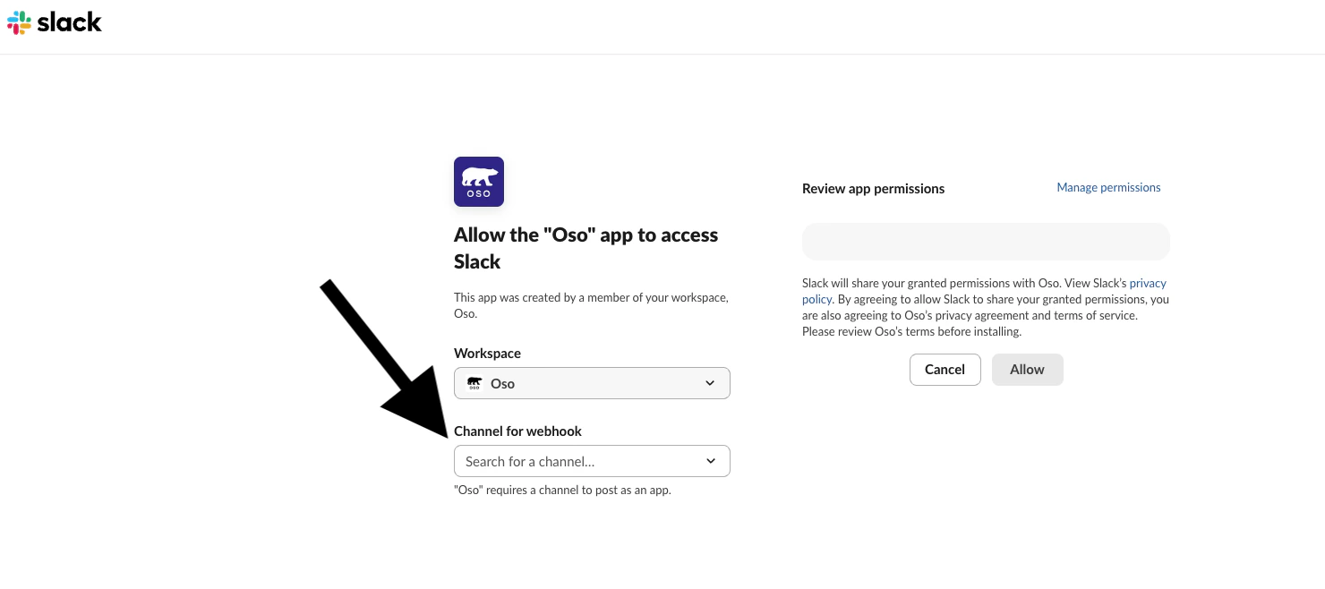 Slack channel selection in Oso