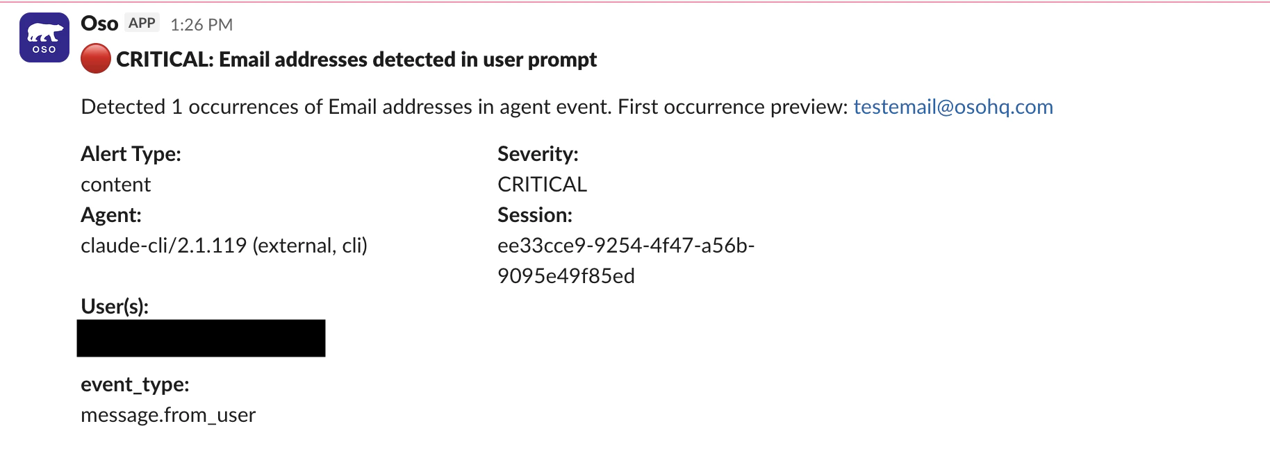 Example Slack alert notification