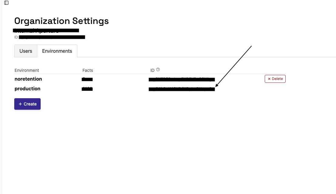 The Environments page showing the Environment ID