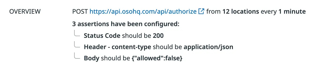 Availability test across 12 locations every minute with 3 assertions