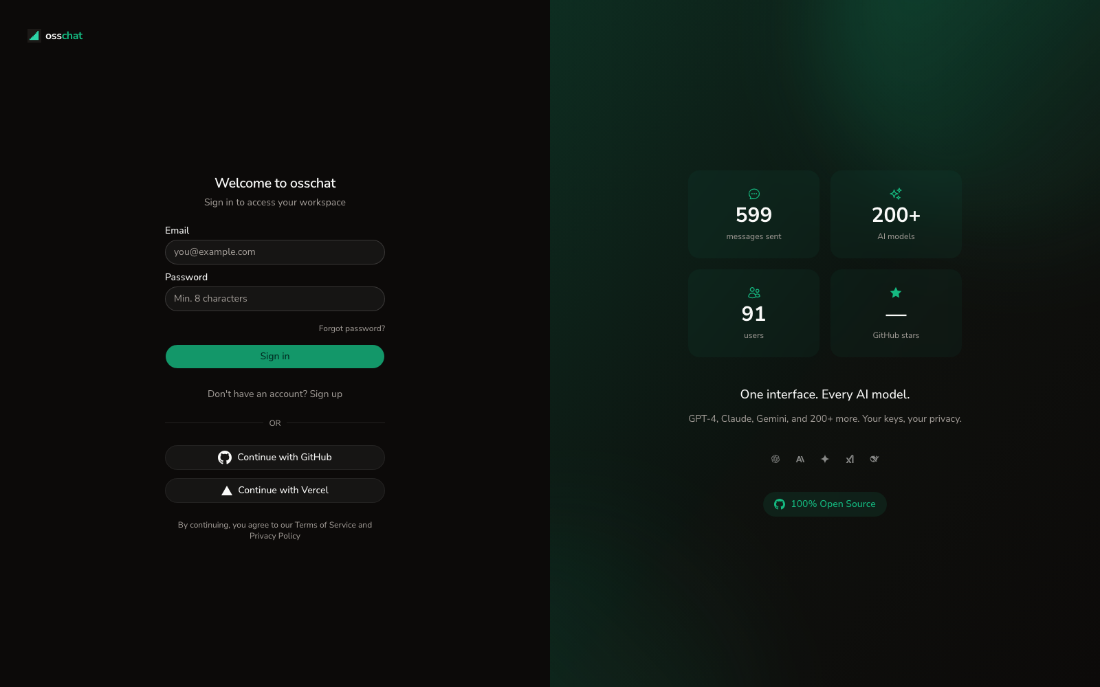 OpenChat sign-in screen in dark mode for OAuth setup