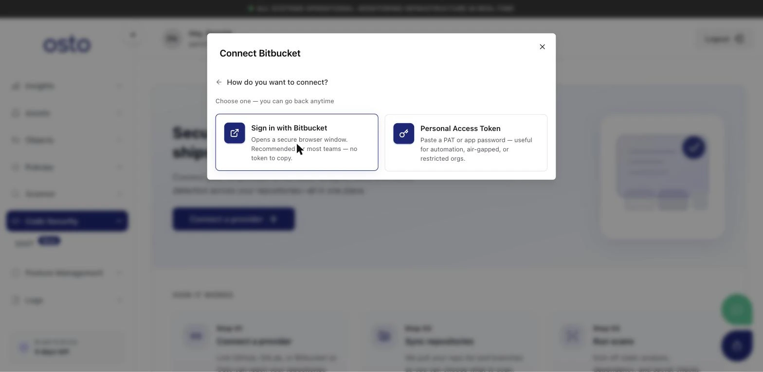 Connection method step offering Sign in with the provider or Personal Access Token