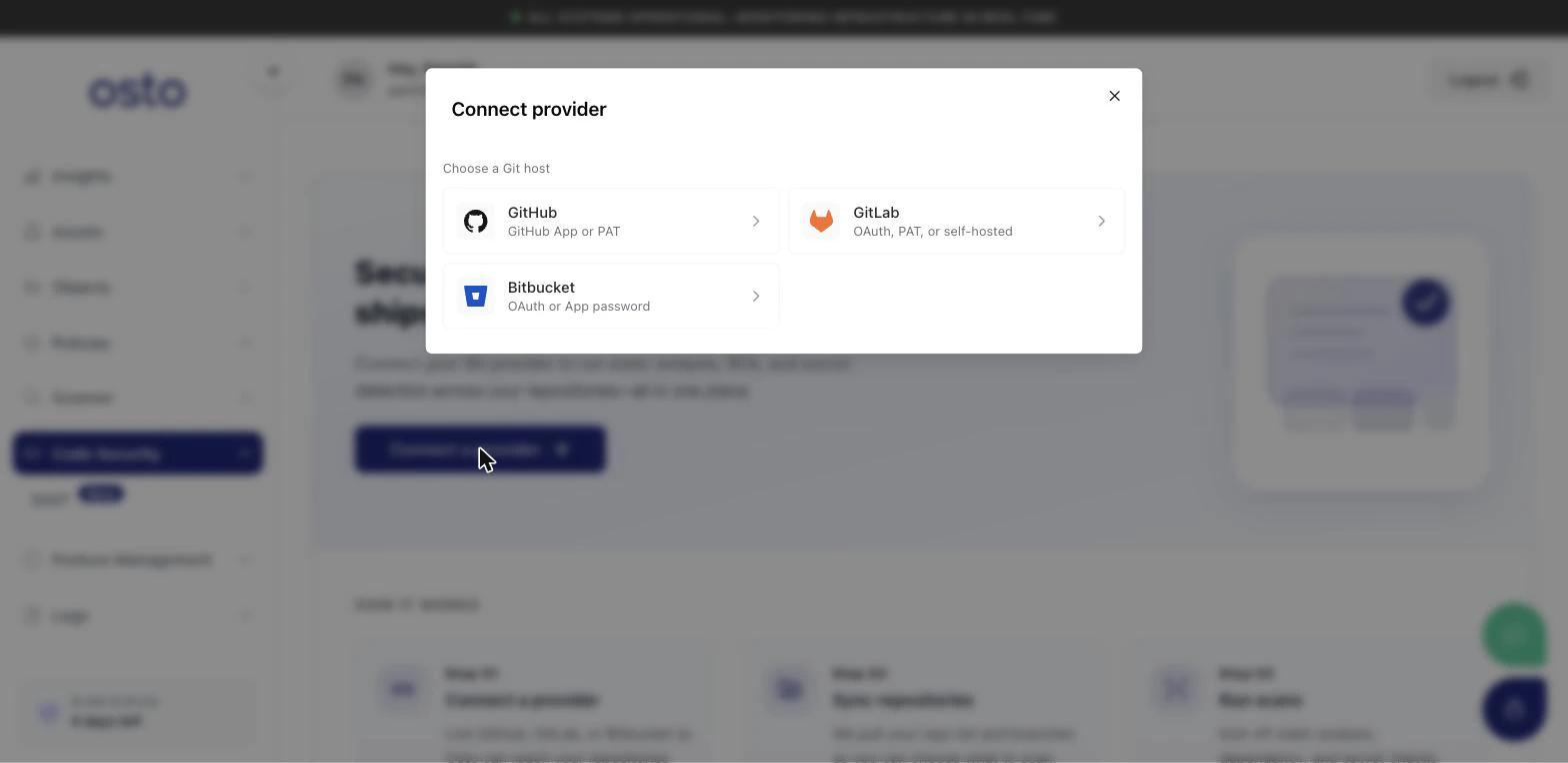 Connect provider dialog showing GitHub, GitLab, and Bitbucket as Git host options