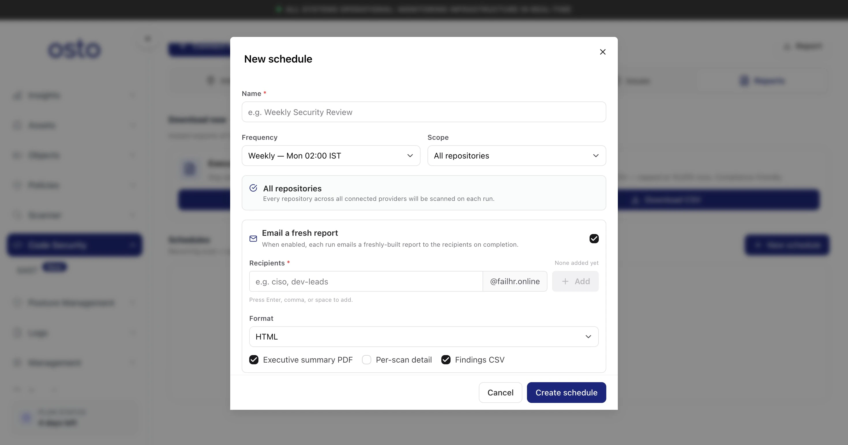 New schedule dialog with Name, Frequency, Scope, Email a fresh report toggle, Recipients, Format, and content options