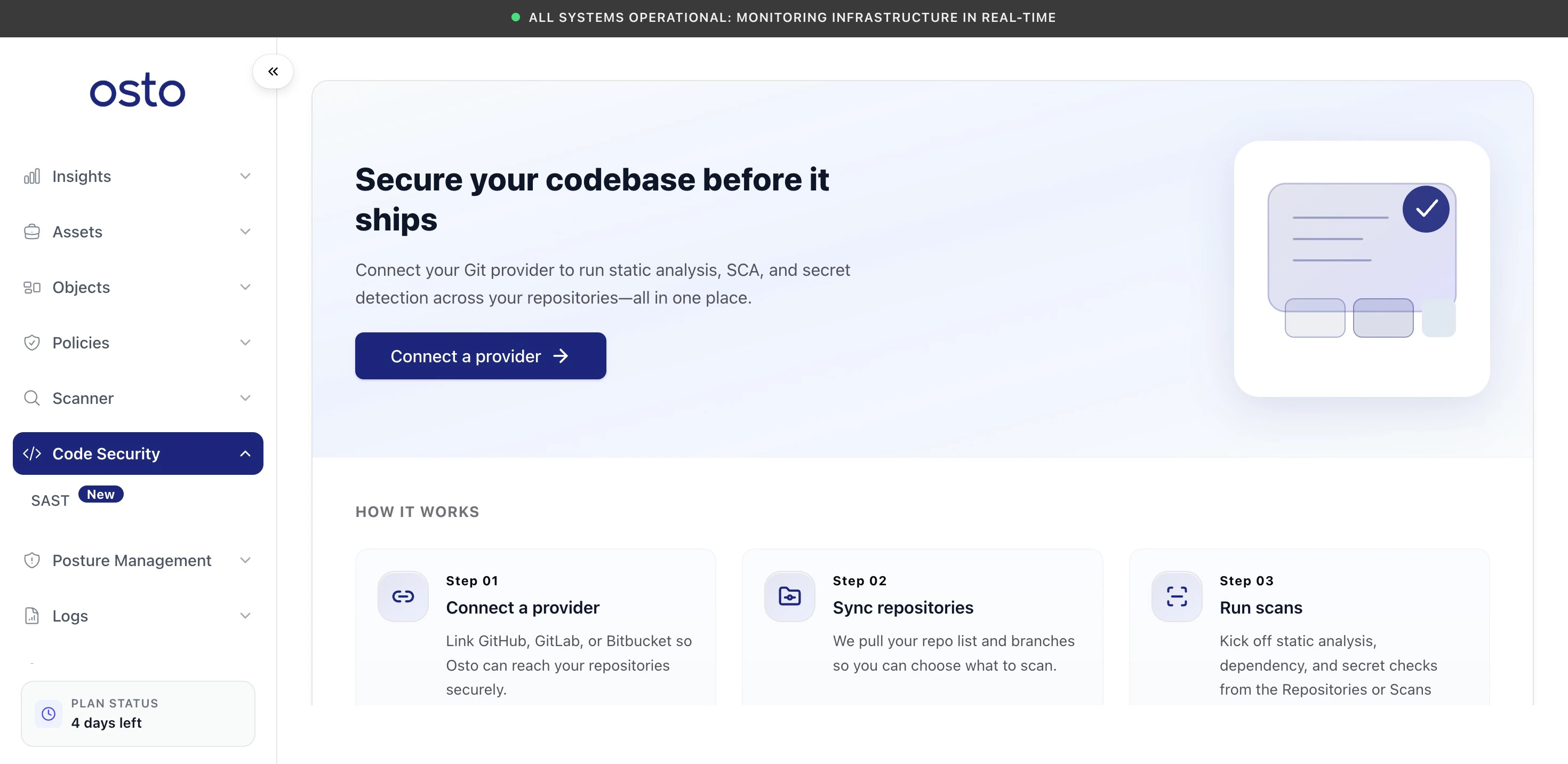 SAST onboarding page titled 'Secure your codebase before it ships' with a Connect a provider button and a three-step how-it-works guide