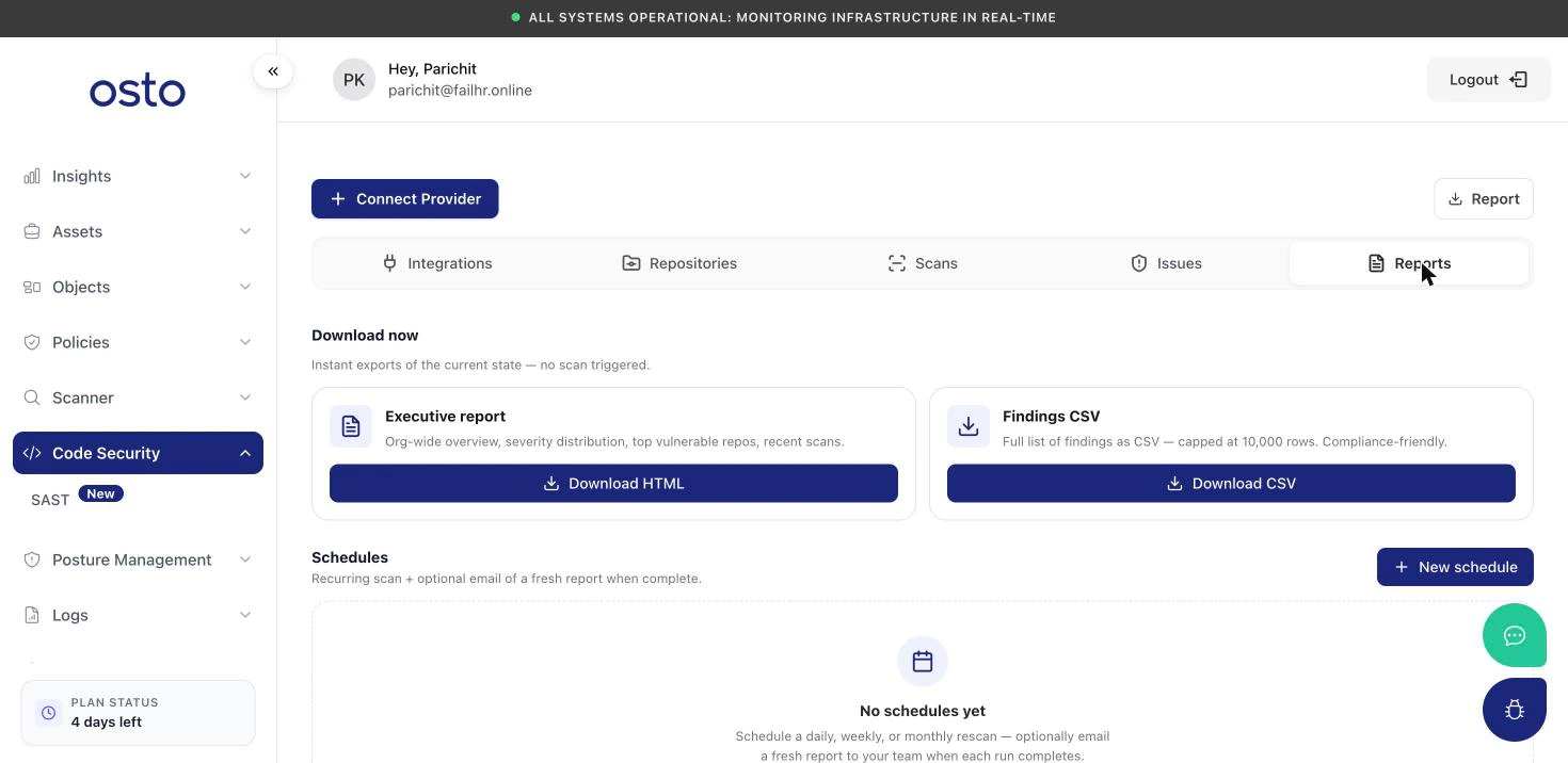 SAST Reports tab with Download now exports (Executive report, Findings CSV) and a Schedules section