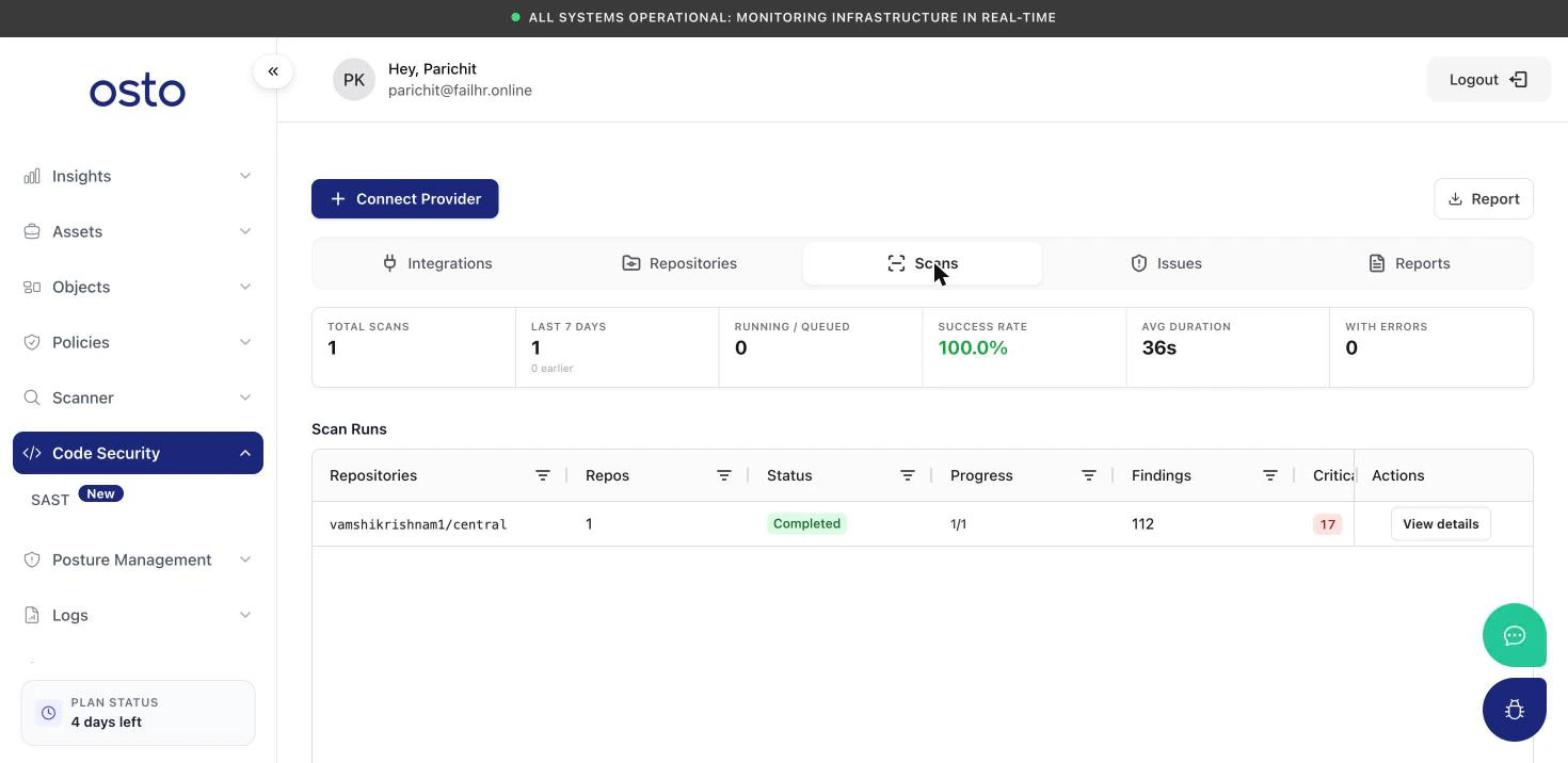 SAST Scans tab showing total scans, success rate, average duration, and a Scan Runs table