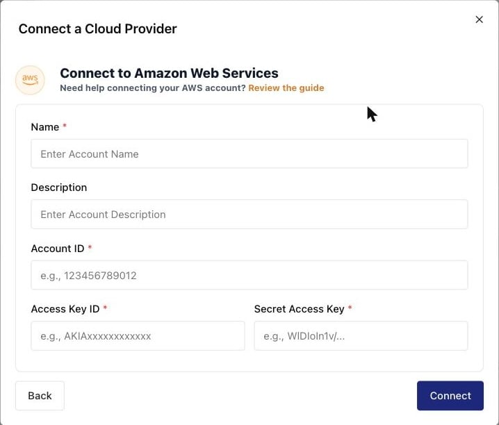 Connect to Amazon Web Services form with Name, Description, Account ID, Access Key ID, and Secret Access Key fields