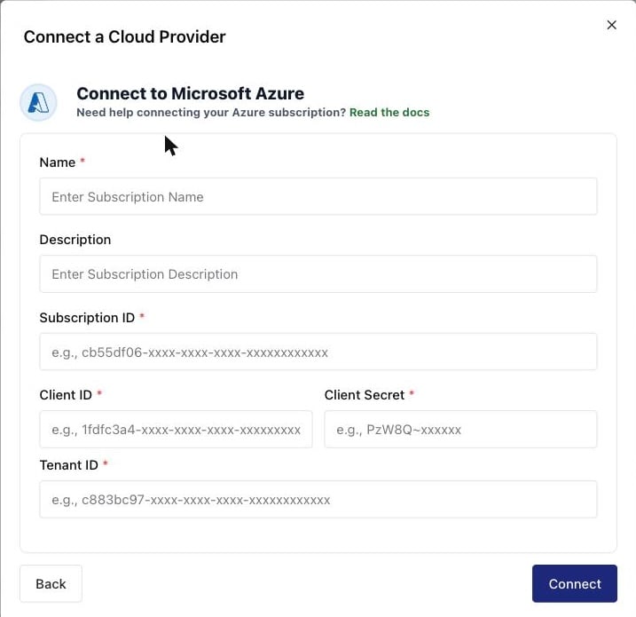 Connect to Microsoft Azure form with Name, Description, Subscription ID, Client ID, Client Secret, and Tenant ID fields