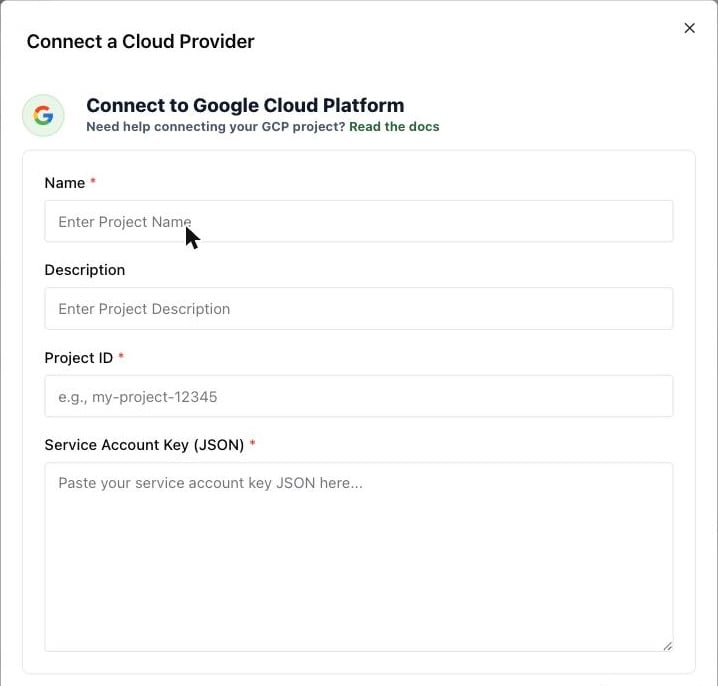 Connect to Google Cloud Platform form with Name, Description, Project ID, and Service Account Key (JSON) fields