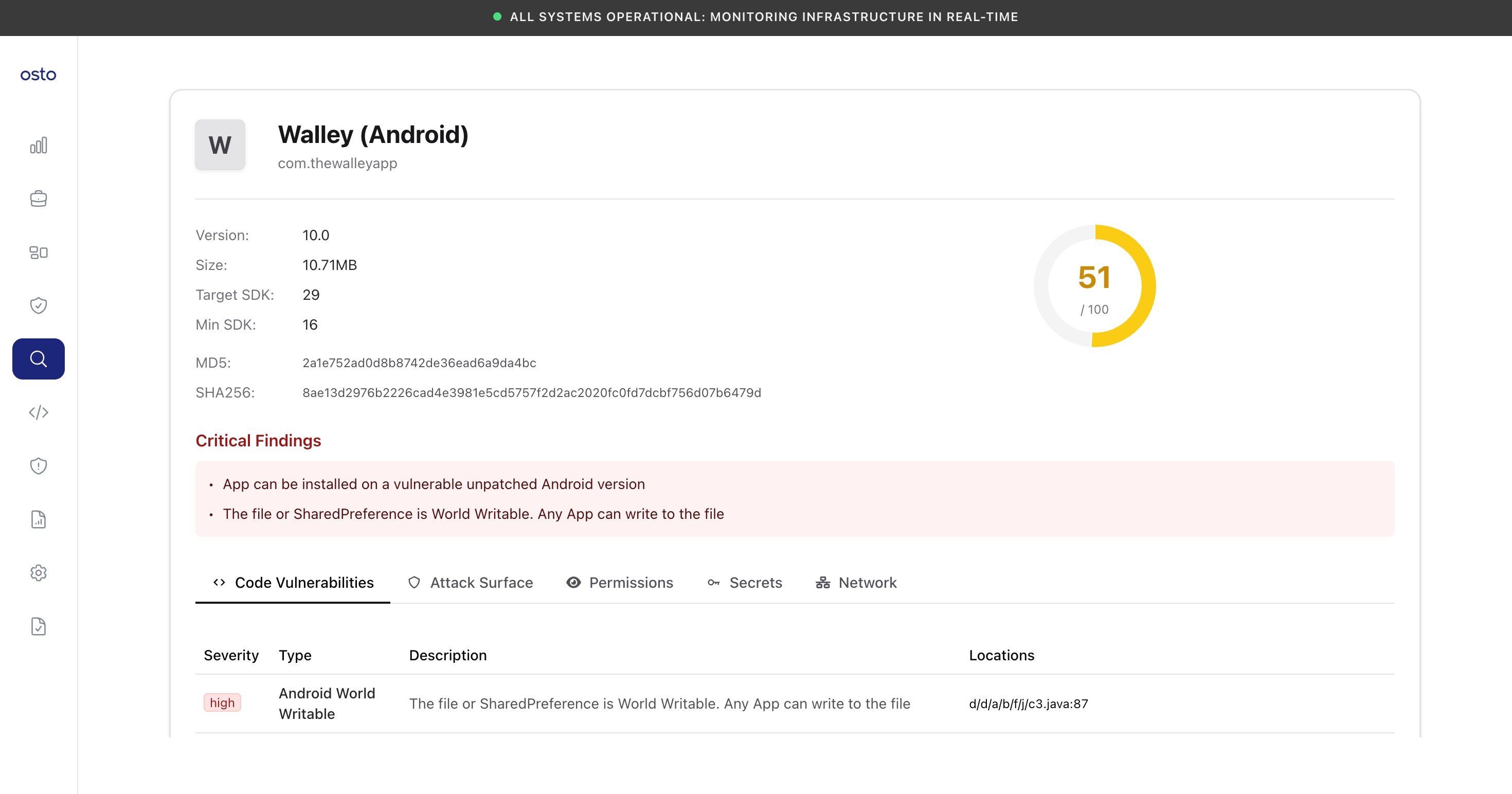 App report showing app metadata, a security score out of 100, a Critical Findings panel, and tabs for Code Vulnerabilities, Attack Surface, Permissions, Secrets, and Network