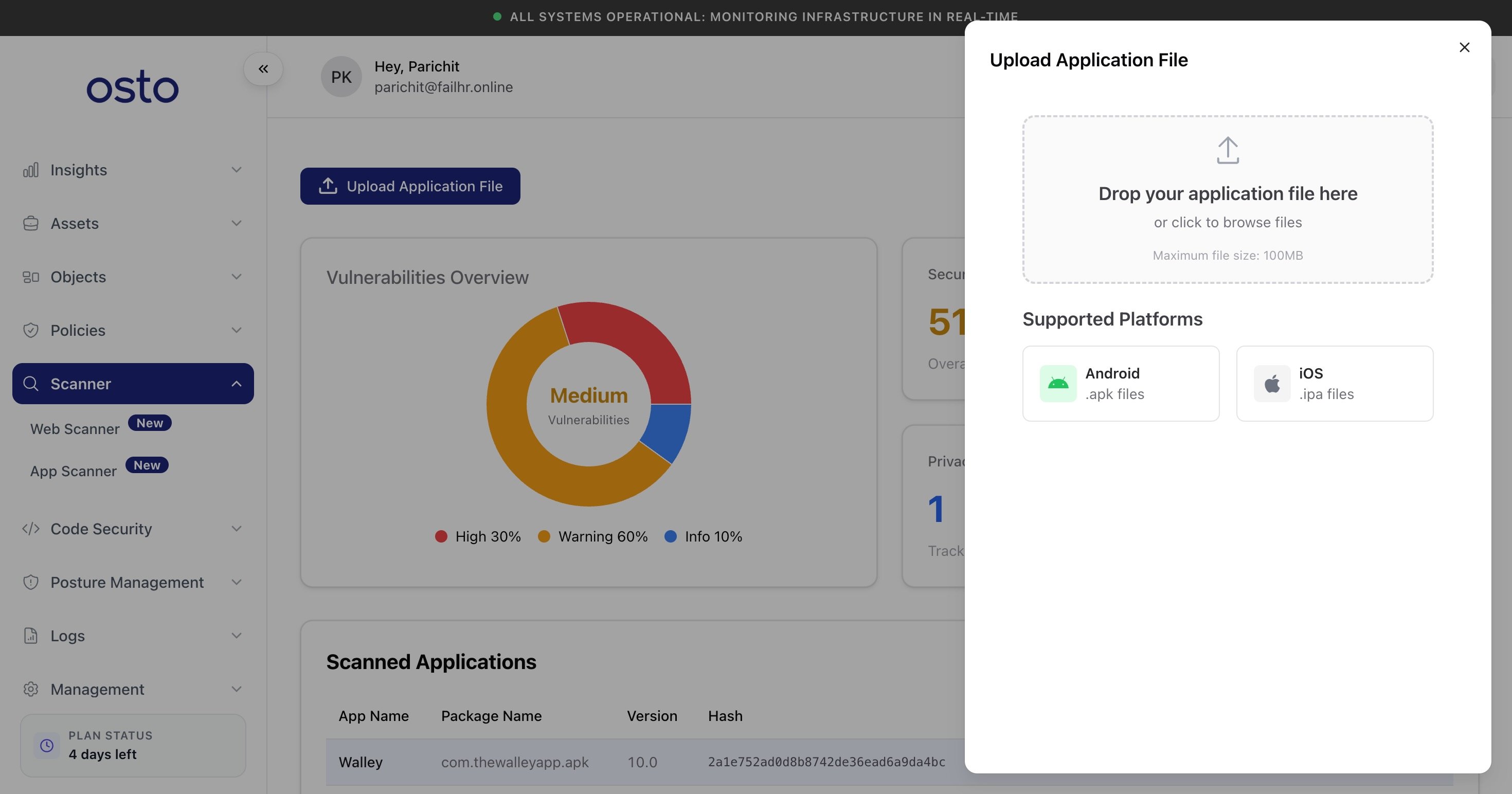 Upload Application File panel with a drag-and-drop area and supported platforms Android (.apk) and iOS (.ipa)