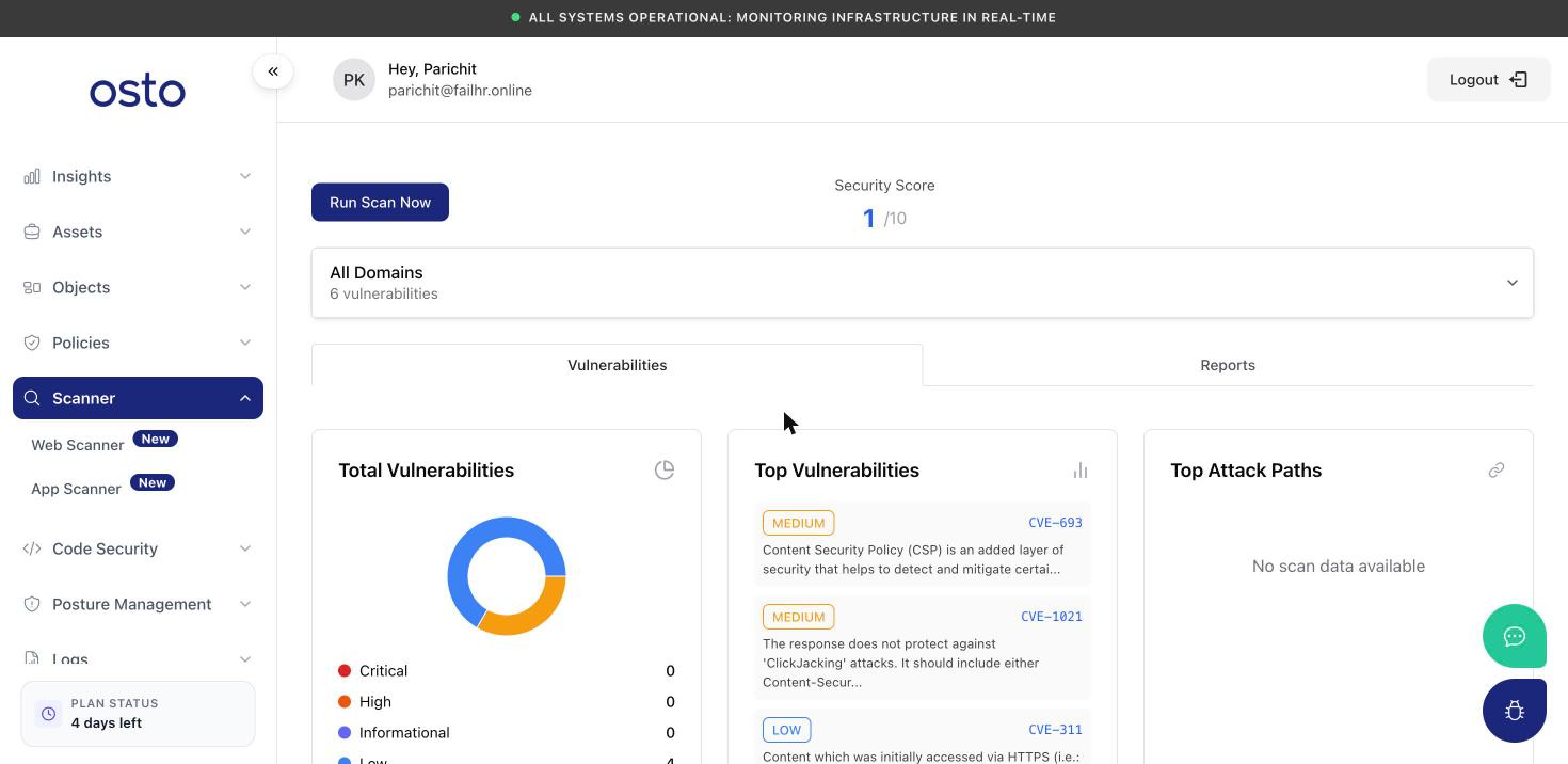 Web Scanner page showing a security score out of 10, a Total Vulnerabilities donut chart with severity counts, a Top Vulnerabilities list, and a Top Attack Paths panel