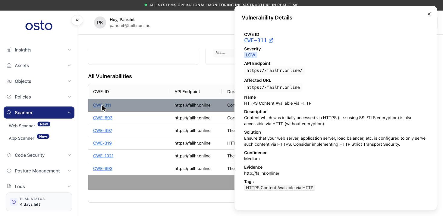 Vulnerability Details side panel showing CWE ID, severity, API endpoint, affected URL, name, description, solution, confidence, evidence, and tags