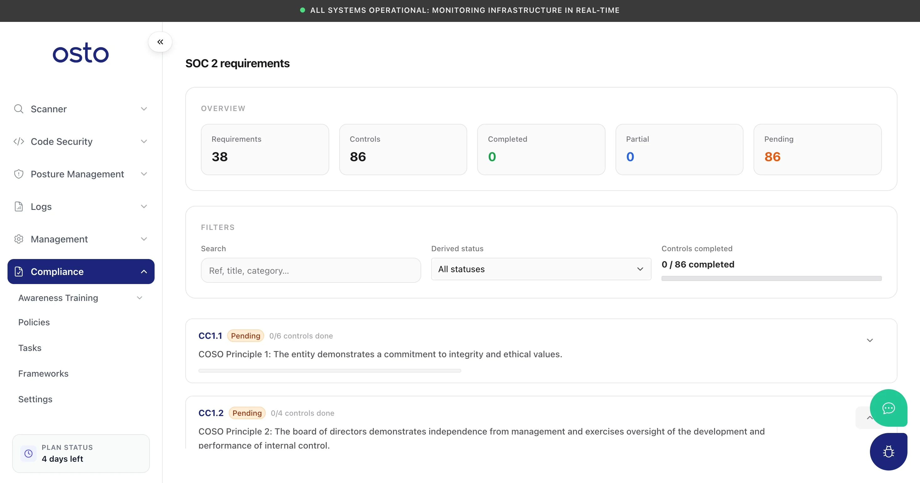 SOC 2 requirements page with an overview of requirements and controls and a list of controls by criterion