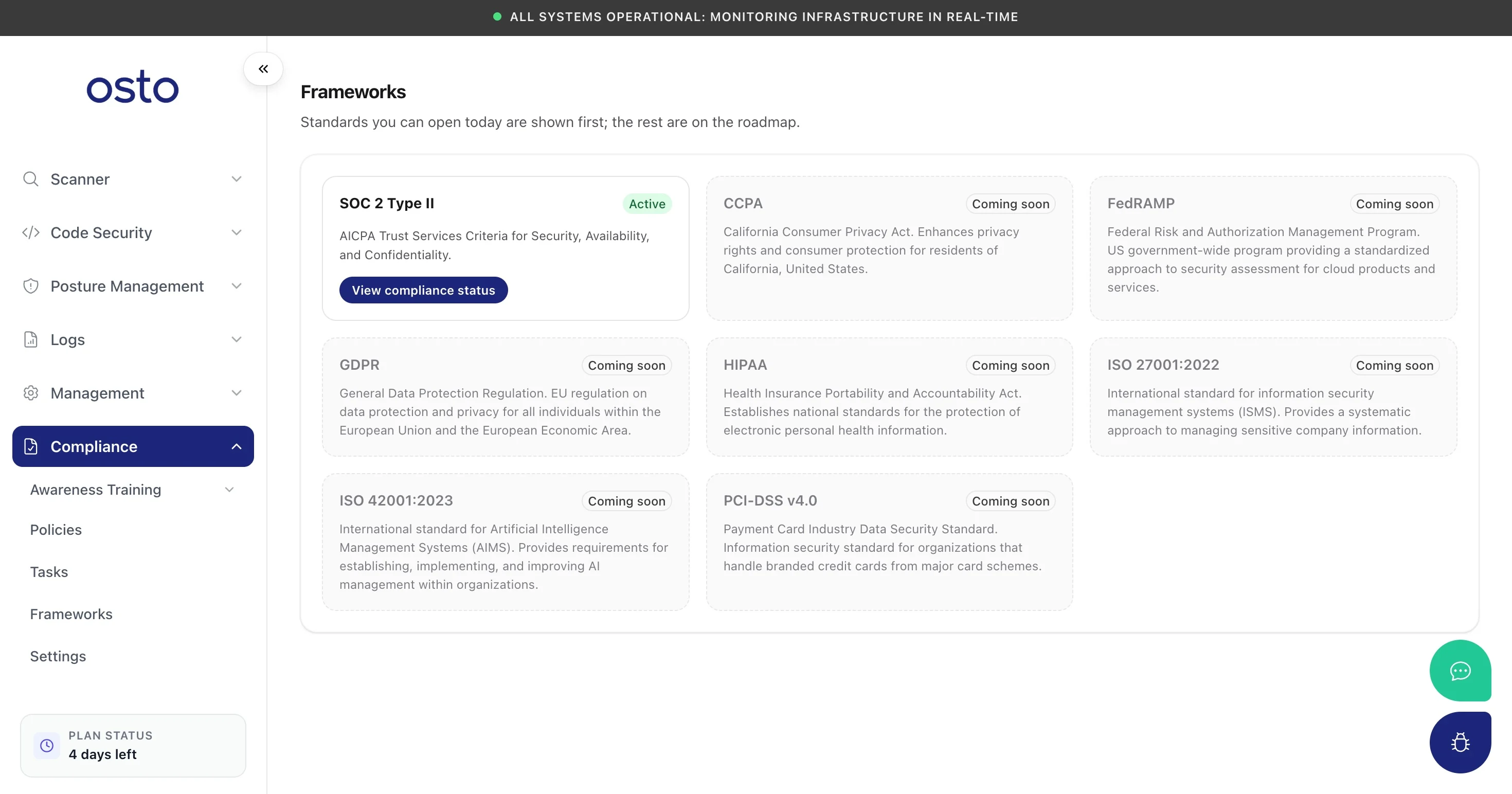 Frameworks page showing SOC 2 Type II active and other standards marked coming soon