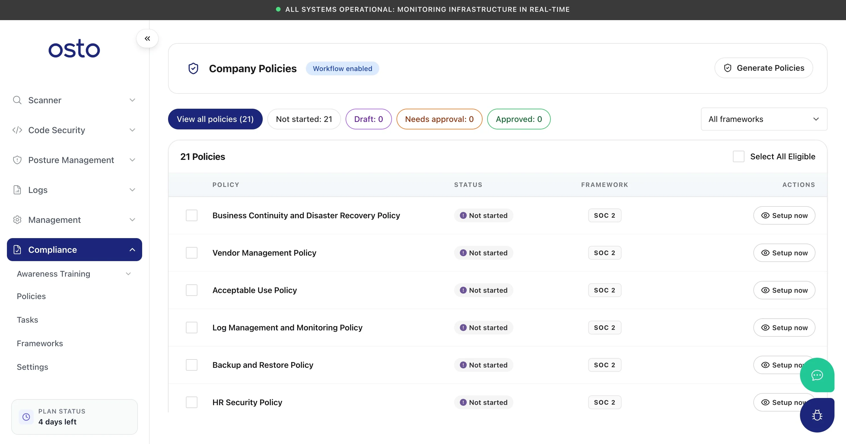 Company Policies page listing policies with status, framework, and Setup now actions