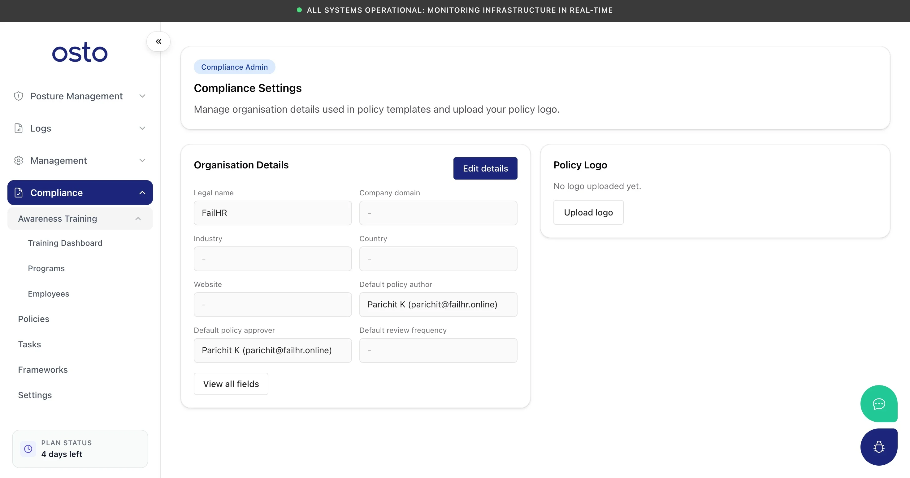 Compliance Settings page with organization details and a policy logo upload
