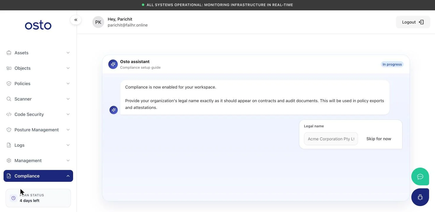 Compliance guided setup assistant asking for the organization's legal name