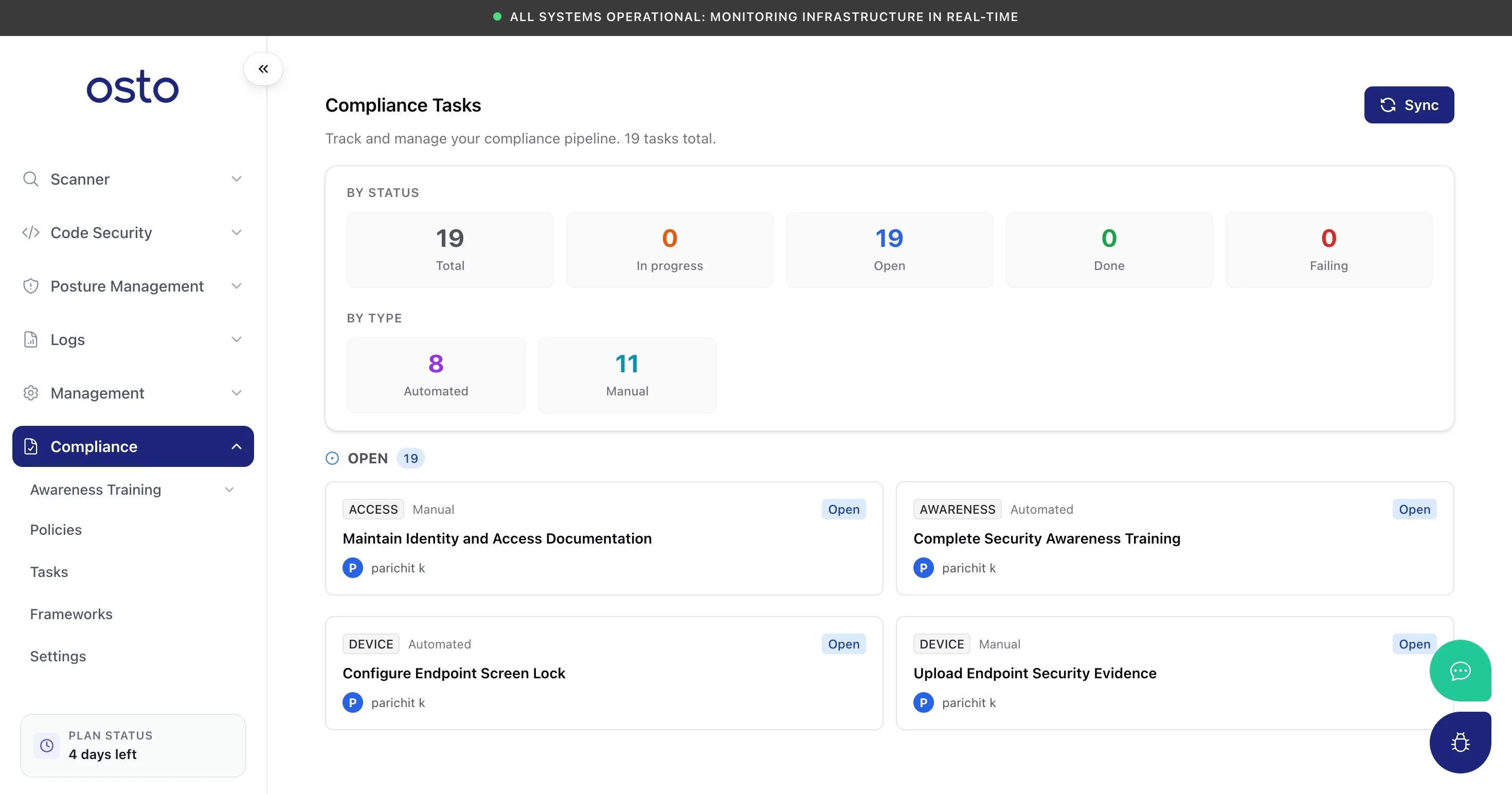 Compliance Tasks page with status and type breakdowns and a filterable task list