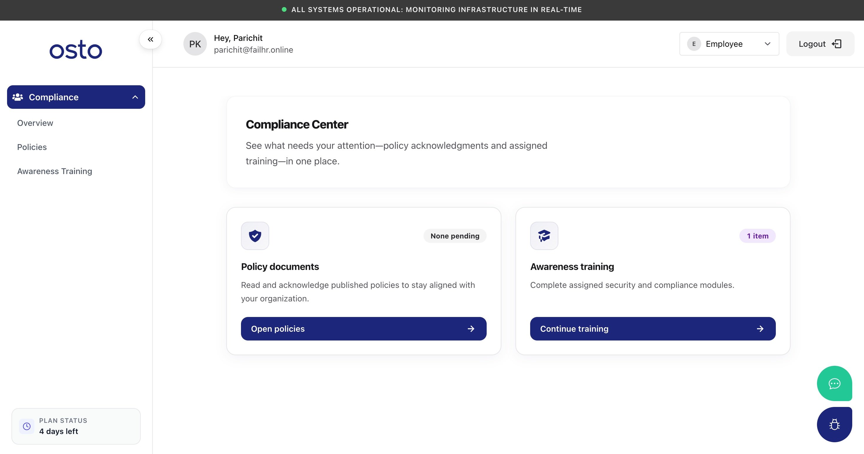 Employee Compliance Center with Policy documents and Awareness training cards