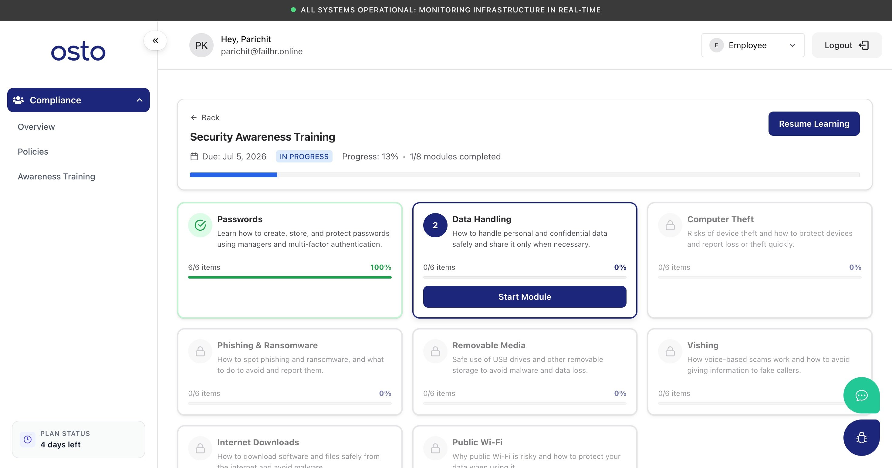 Employee training module step showing a reading lesson with key takeaways and a progress bar