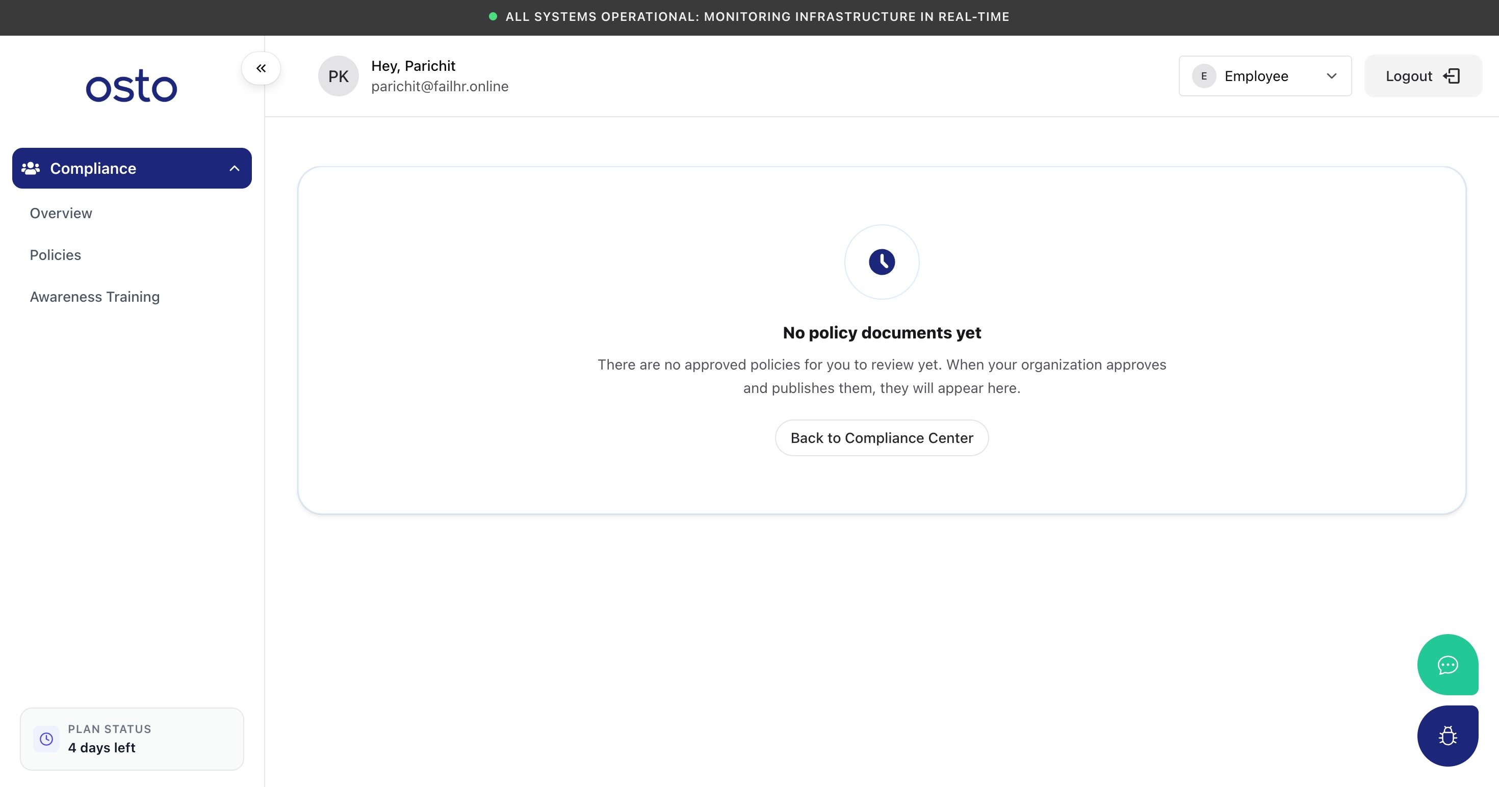 Employee Policies page empty state explaining published policies will appear for acknowledgment