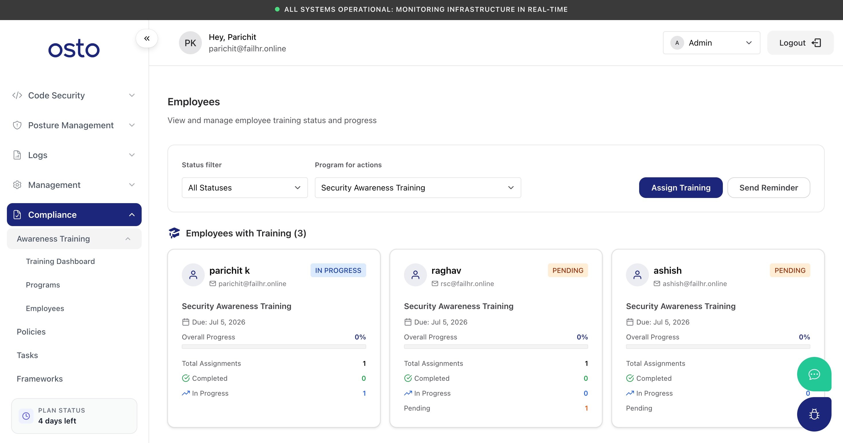 Awareness Training Employees page showing training status filters and employees without training