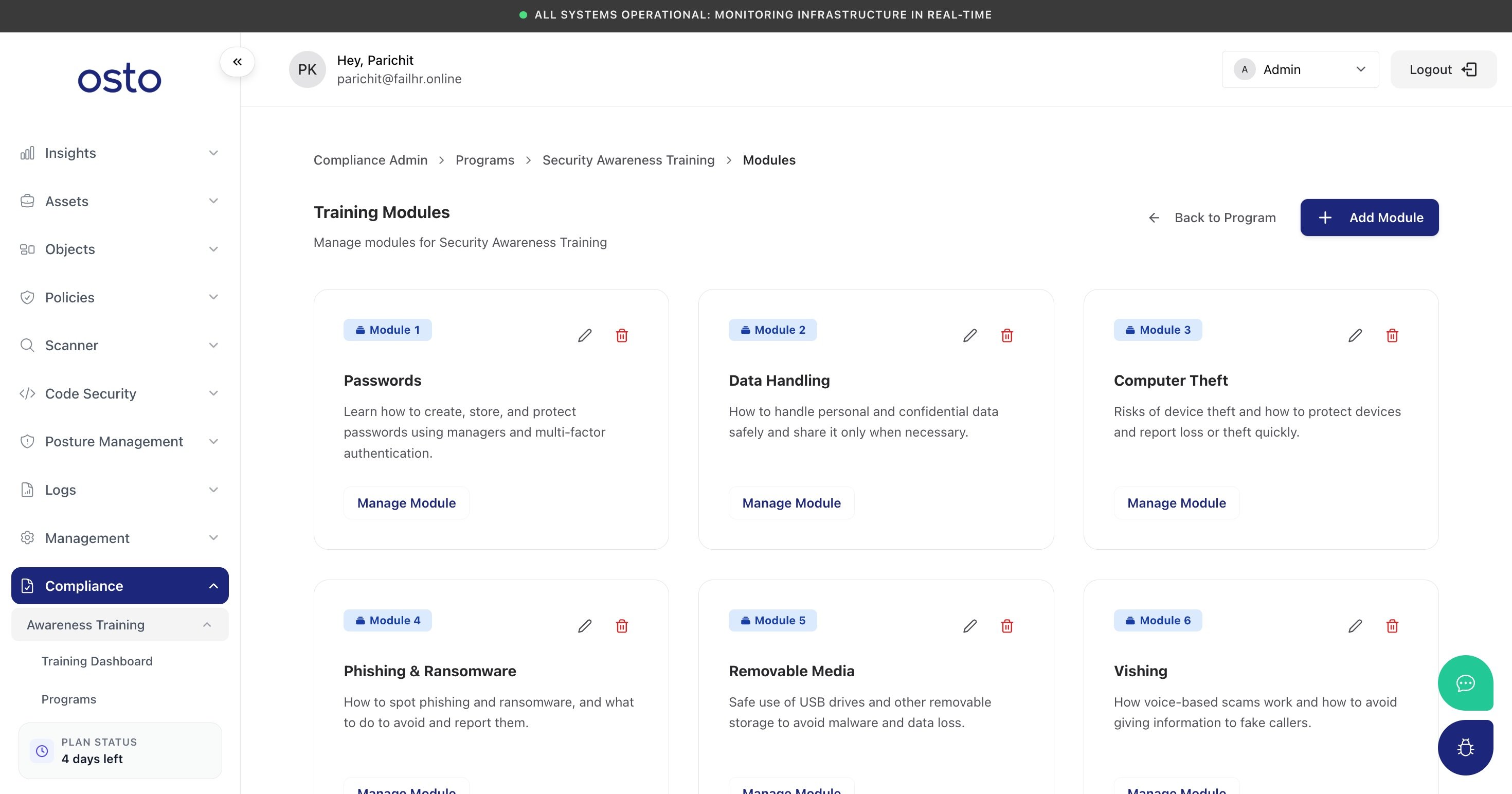 Training Modules page listing eight security awareness modules