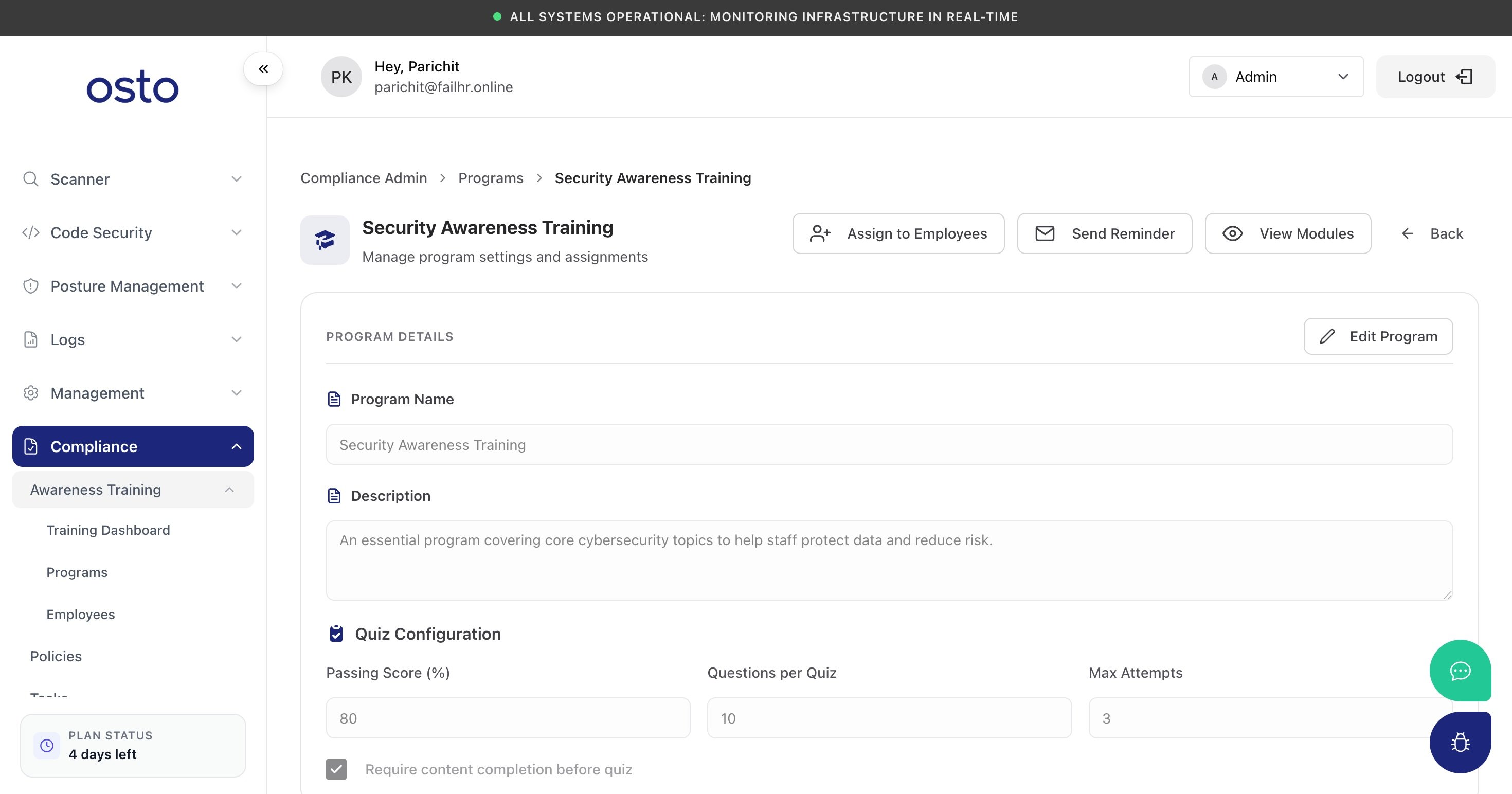 Security Awareness Training program detail with program name, description, and quiz configuration