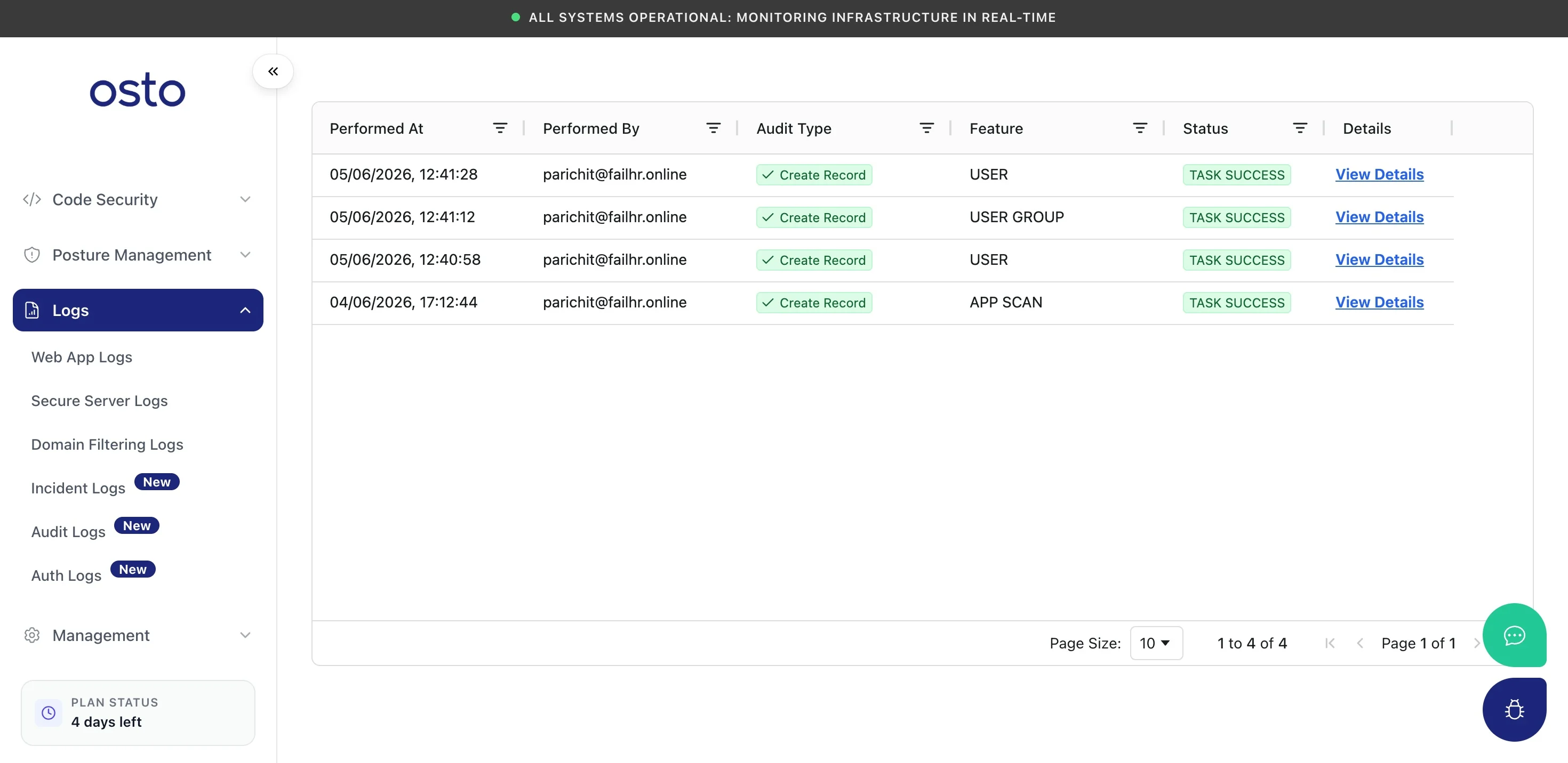 Audit Logs listing performed-at time, performed-by user, audit type, feature, status, and a View Details link