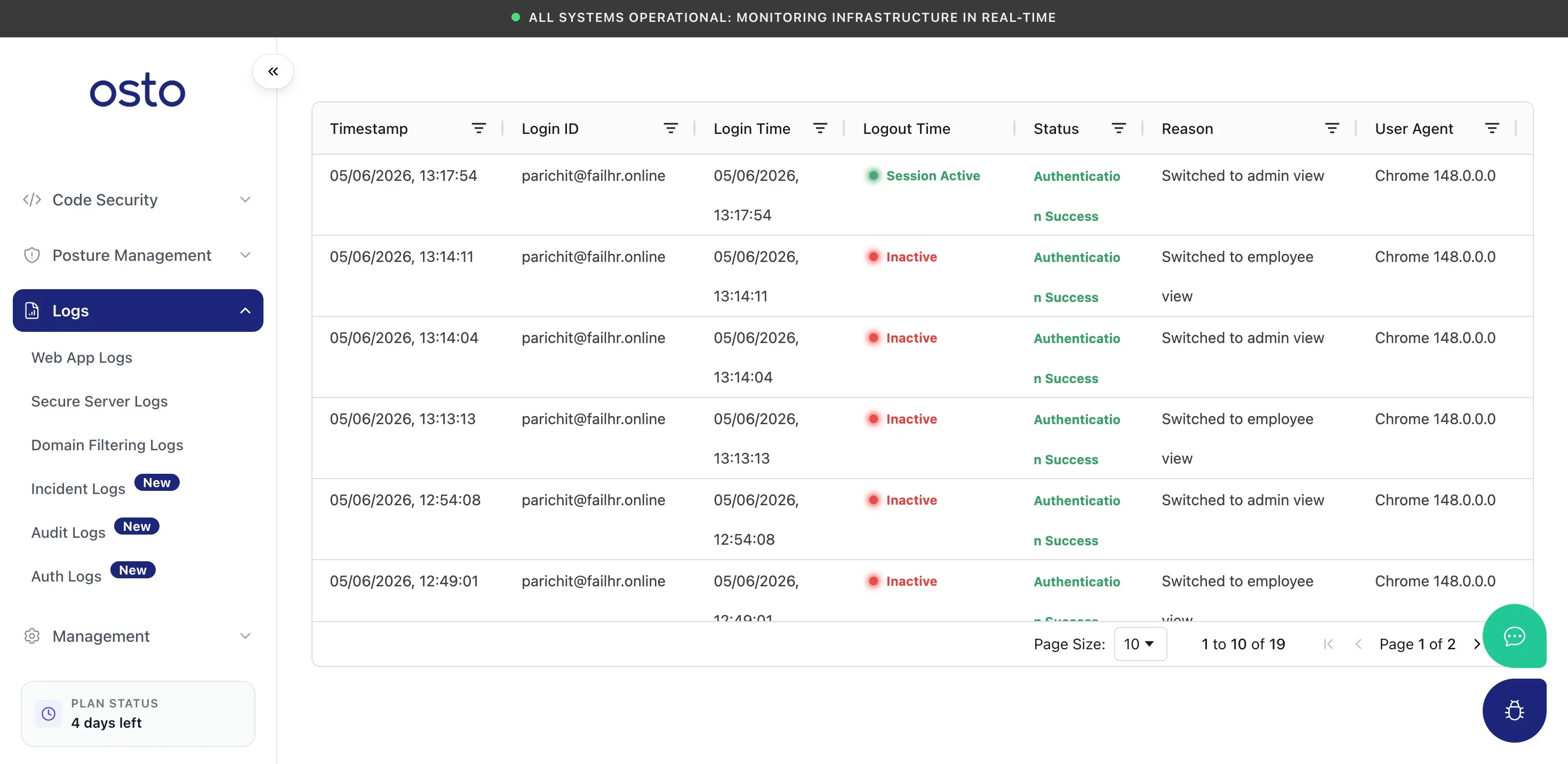 Auth Logs listing timestamp, login ID, login and logout time, status, reason, user agent, source IP, and user OS