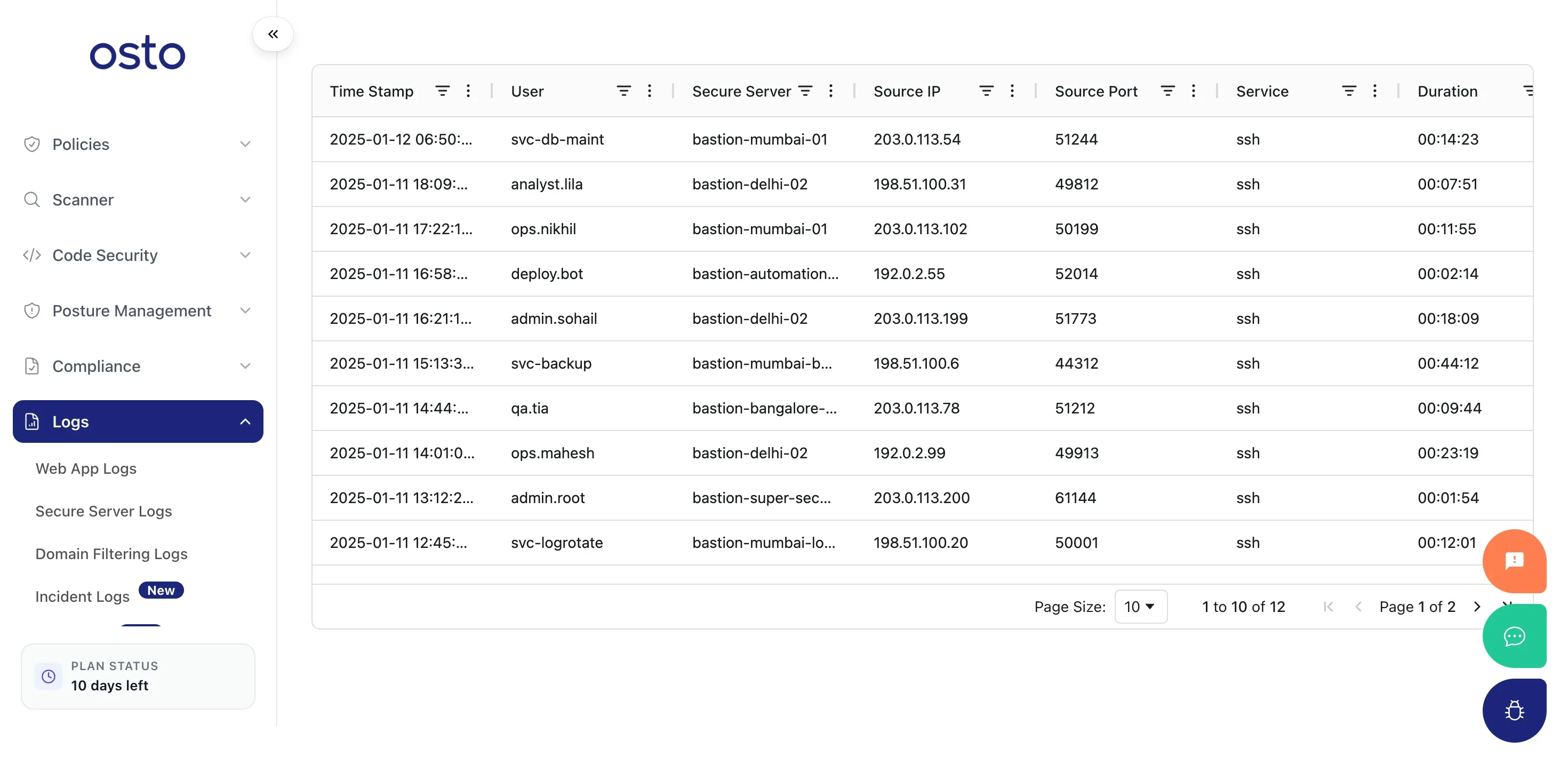 Secure Server Logs table with Timestamp, User, Secure Server, Source IP, Source Port, Service, and Duration columns