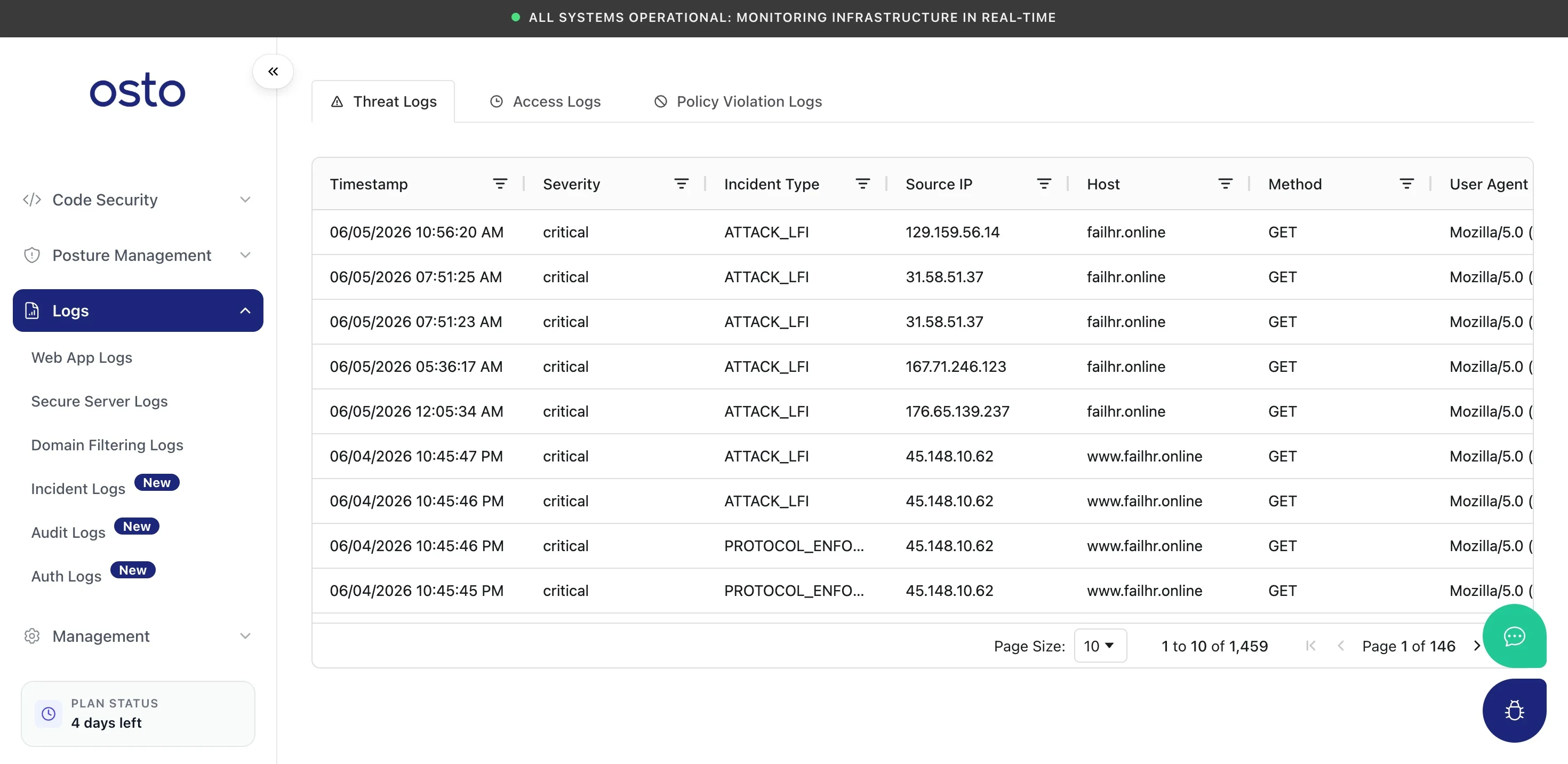Web App Logs Threat Logs tab listing detected threats with timestamp, severity, incident type, source IP, host, and method