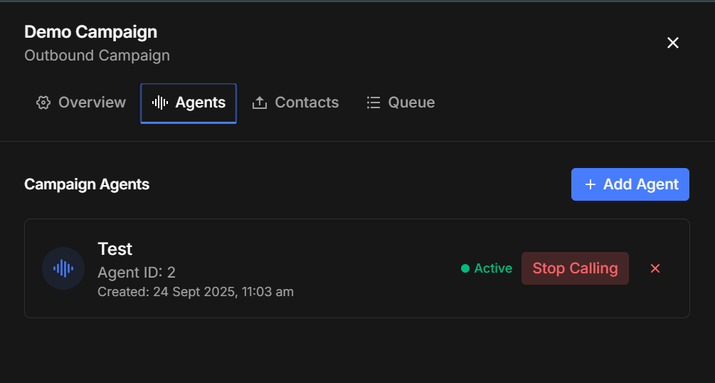 The Agents tab with an assigned agent and its Stop Calling control