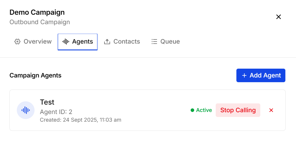 The Agents tab with an assigned agent and its Stop Calling control